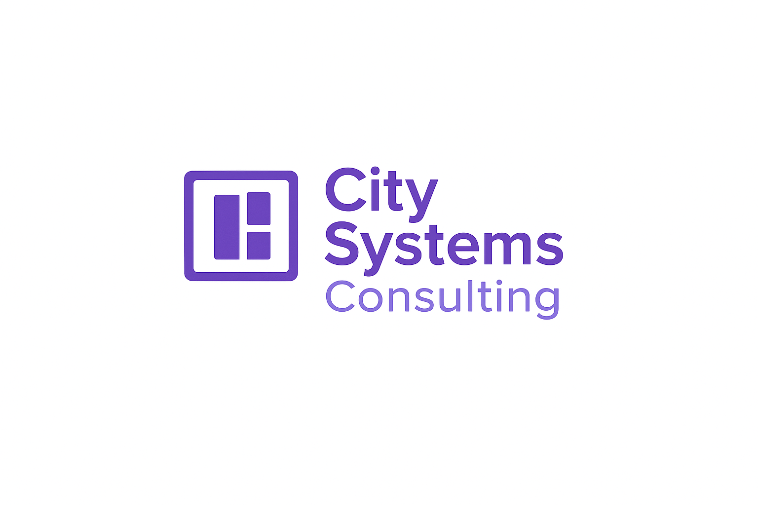 Logo of City Systems Consulting featuring a purple outline of a grid and the company name in purple text.