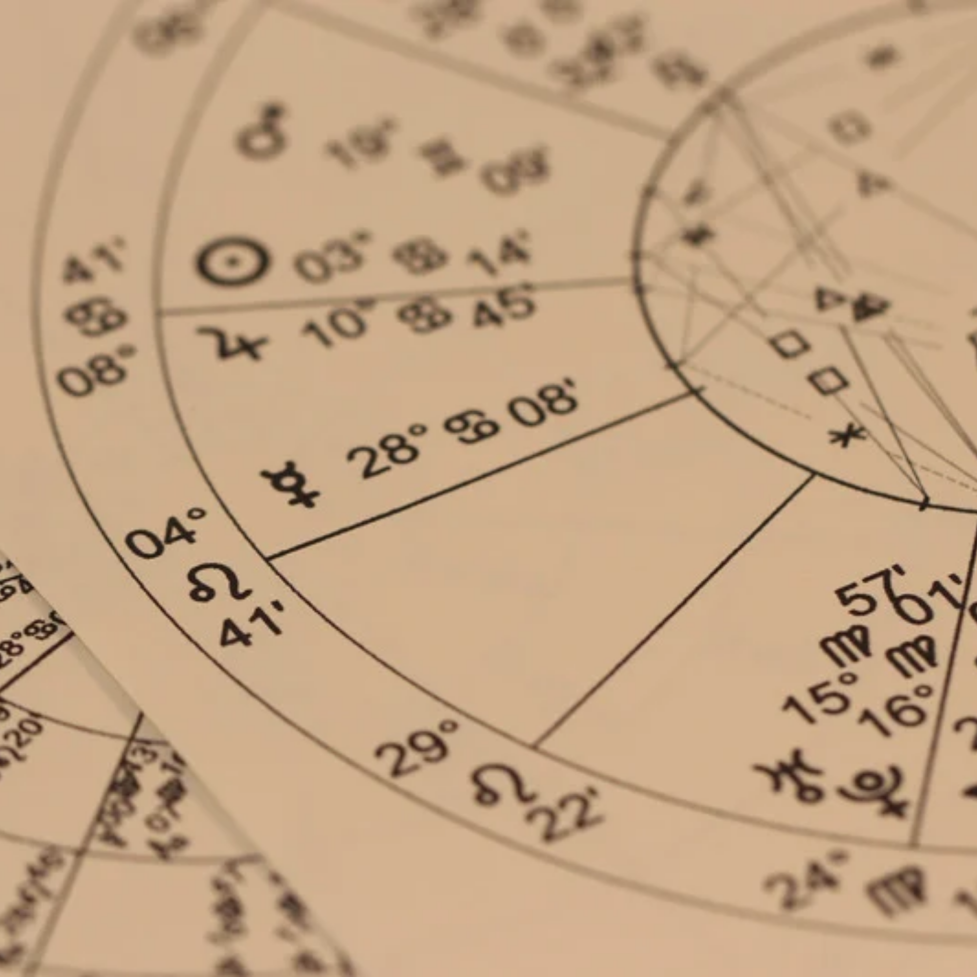 Close-up of an astrology chart with zodiac signs, degrees, and planetary symbols arranged in circular sections.