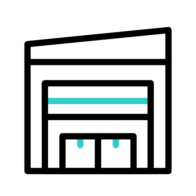 Icon of a retail store with a storefront featuring large doors and a rectangular sign above the entrance.