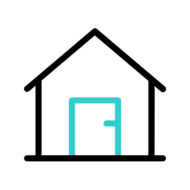 Outline drawing of a house with black roof and walls, and a light blue door.
