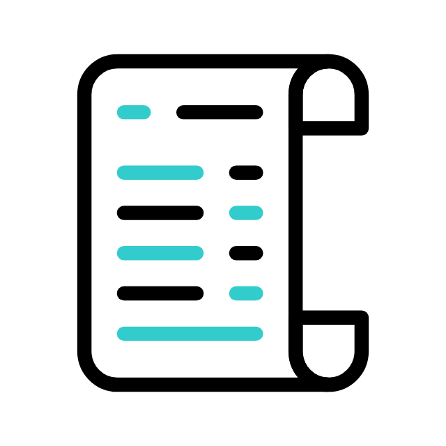 Icon of a receipt with black outline and light blue lines representing text