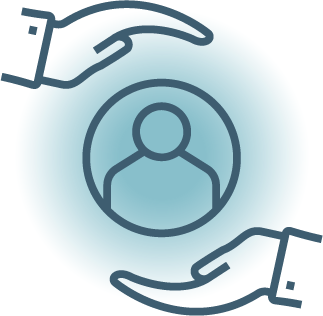 Two hands holding a user profile icon between them.