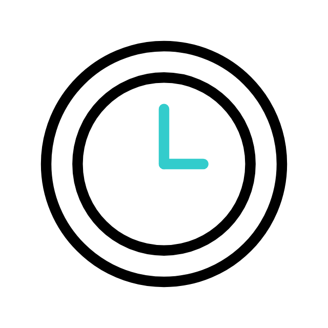 Clock with black outlines and light blue hands showing 3:00