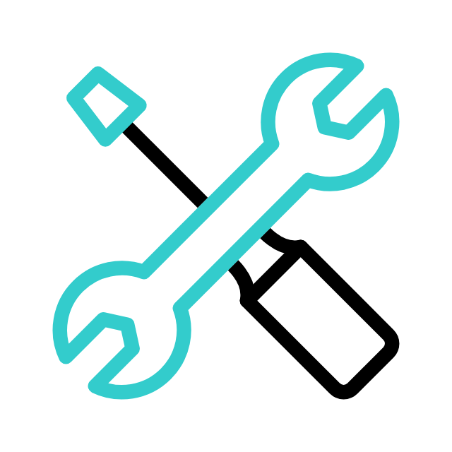 Outlined wrench, screwdriver, and a crossed spanner icon.