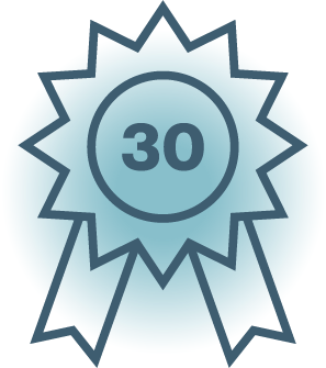 A blue award ribbon with a starburst shape and the number 30 in the center.