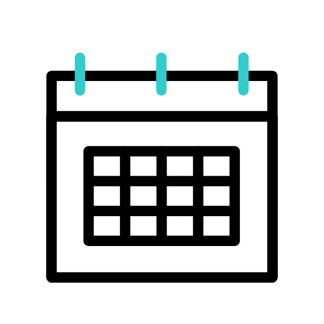 Simple black and white calendar icon with three teal binding loops at the top.