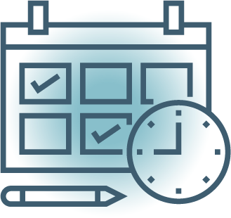 Calendar with marked dates, a clock, and a pen
