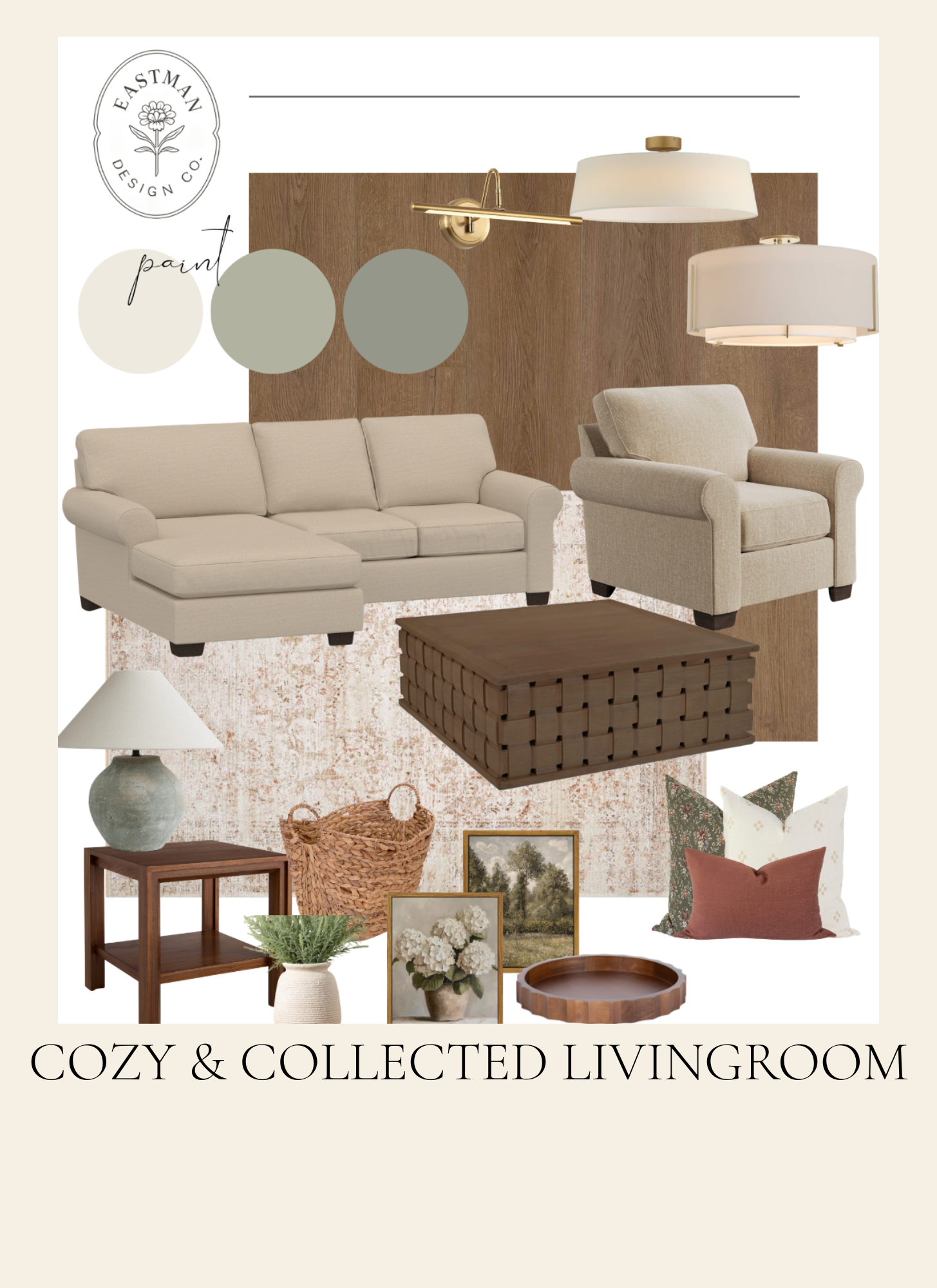 A collage of various living room furniture and decor items such as sofas, lamps, tables, artwork, pillows, and plants, with text indicating cozy and collected living room design.