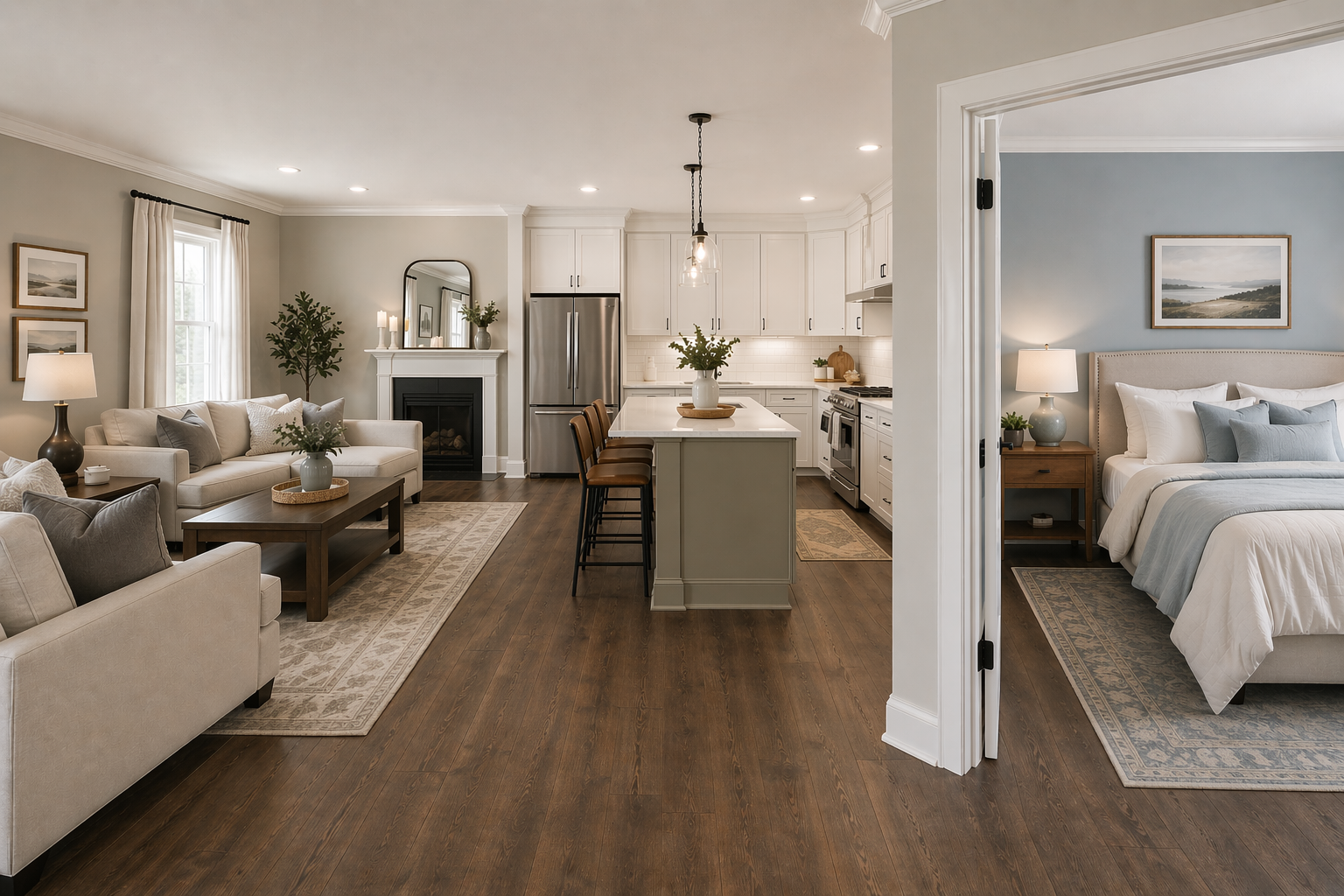 Open-concept living room, kitchen, and bedroom in a modern home with hardwood floors, white walls, and neutral-colored furniture.