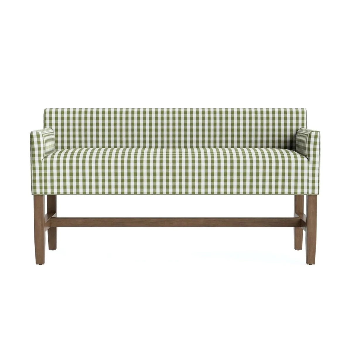 A wooden framed sofa with green and white checkered upholstery
