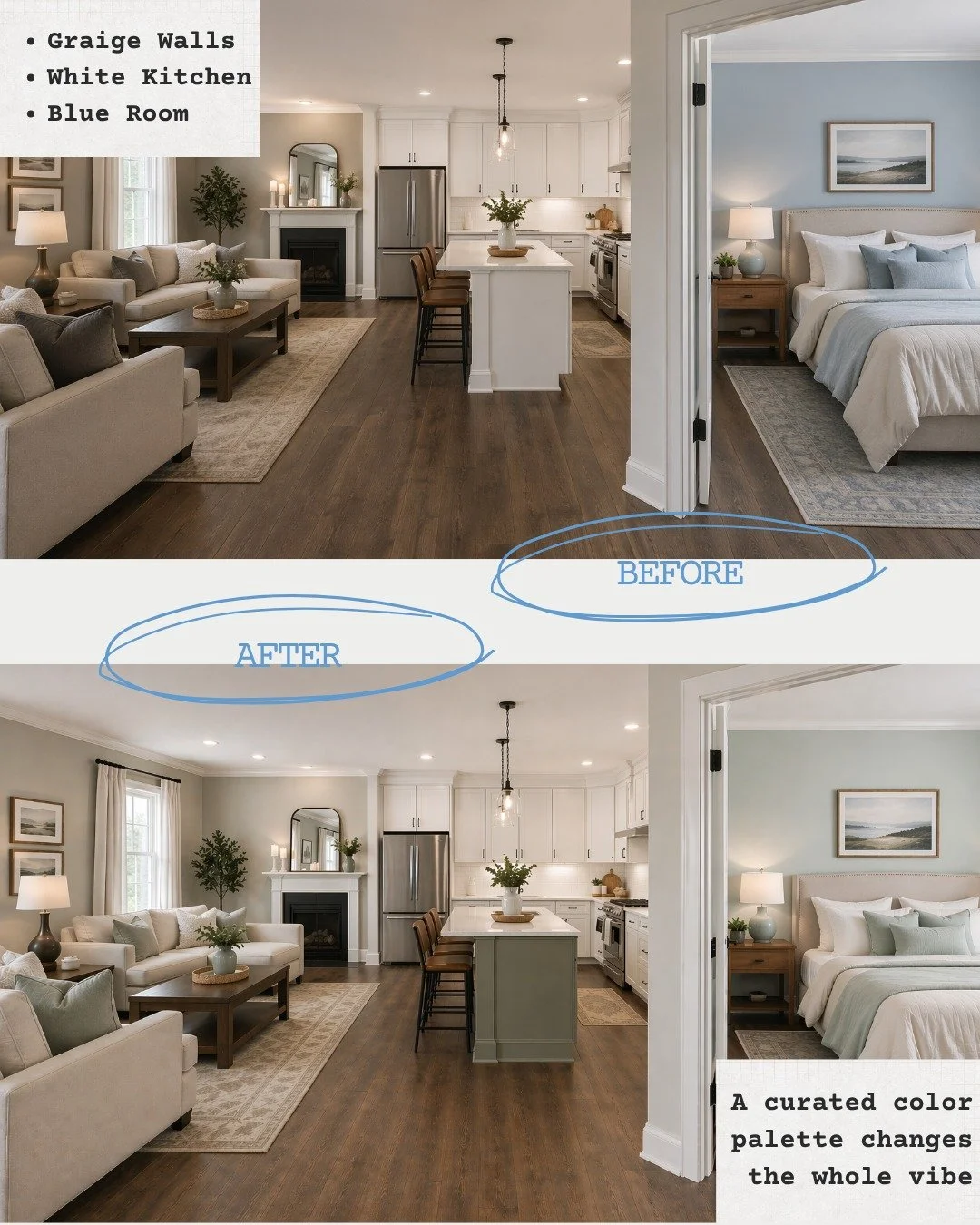 ✨ Most homeowners choose paint colors in isolation.

+ A beautiful greige for the living room.
+ A soft blue for the bedroom.
+ A crisp white for the kitchen.

Individually, each color works. Each one is pretty. Each one feels safe.

But together?

T