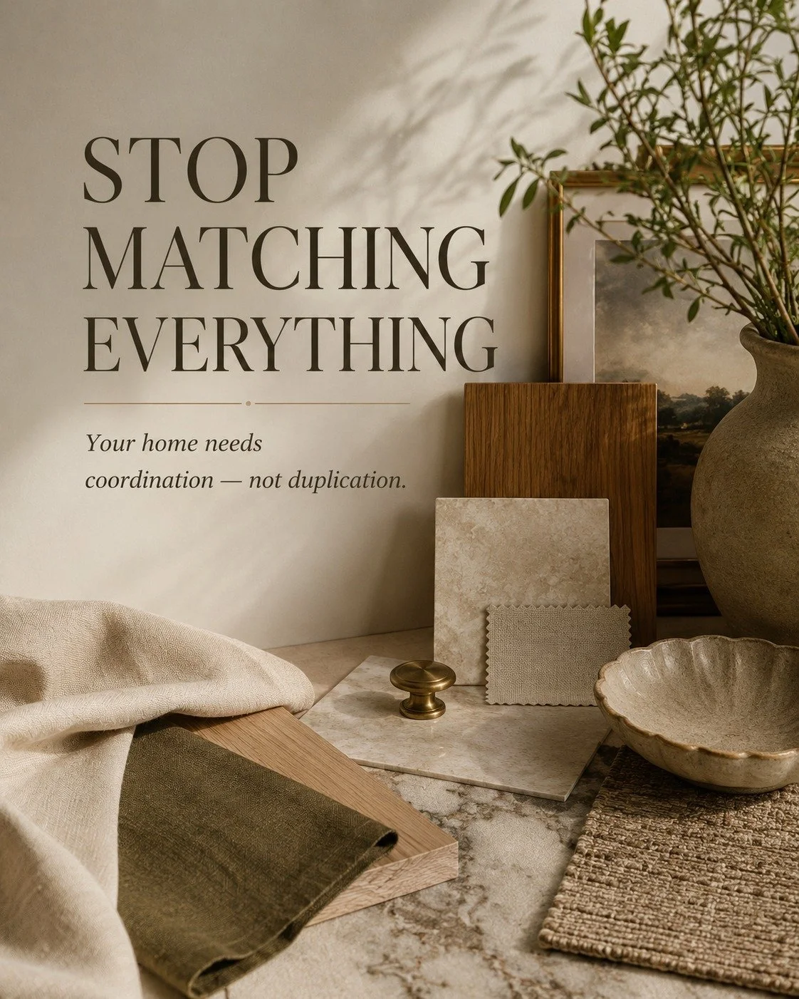 ✨ Stop Matching Everything

One of the biggest misconceptions in home design is the idea that everything has to match perfectly to feel cohesive.

The truth?
Perfectly matched homes often feel flat, overly staged, and lacking personality.

The most b