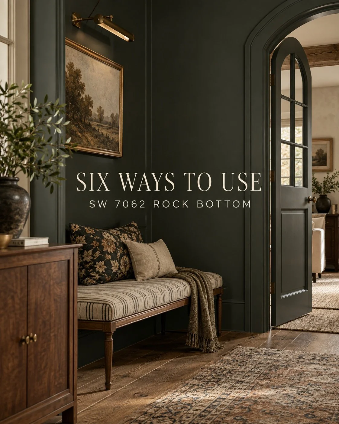 SW Rock Bottom 7062 is moody&mdash;but it certainly doesn&rsquo;t have to be serious.

This deep green-gray becomes surprisingly playful when paired with bold stripes, oversized florals, warm wood, aged brass and crisp white contrast.

Color-drench a