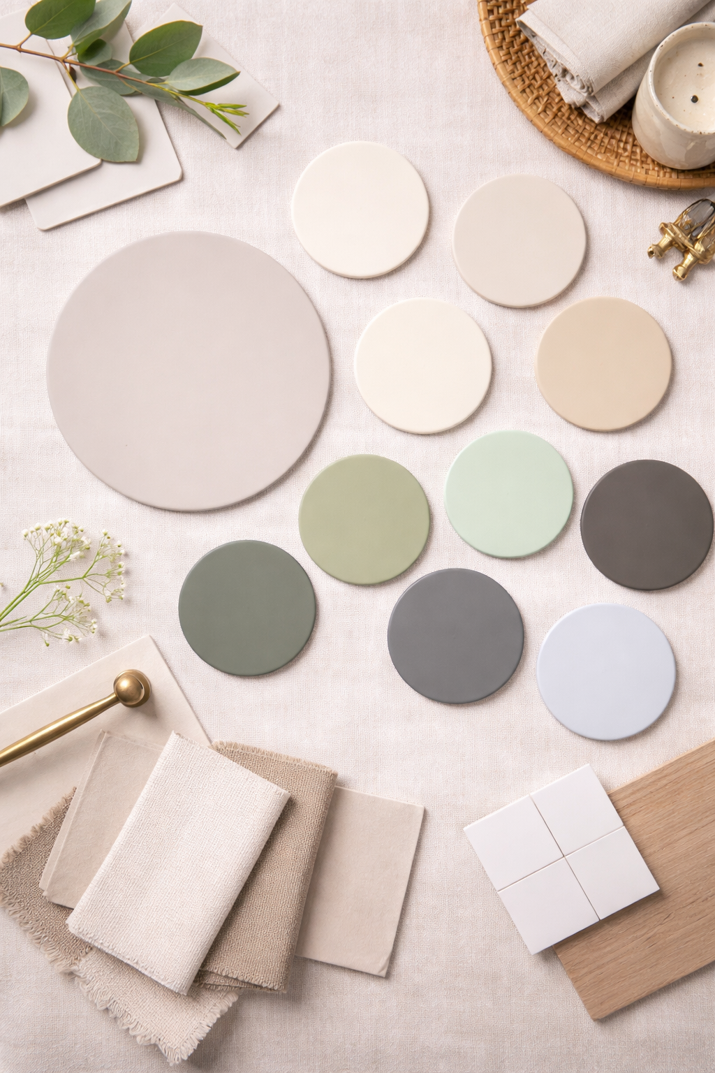 Color swatches in neutral tones on a light fabric surface surrounded by fabric samples, plants, a candle, and decorative objects.