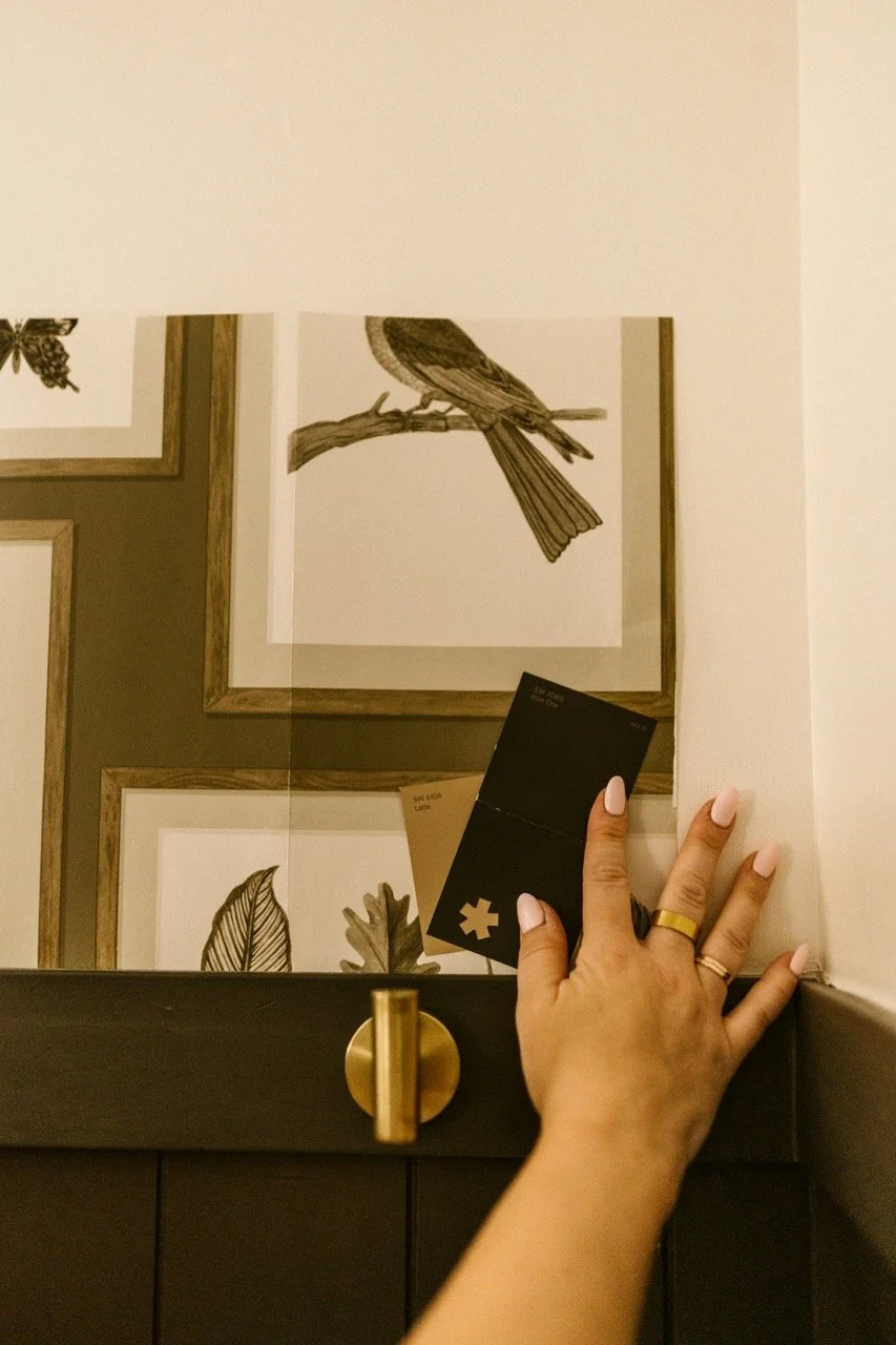 A hand with pink nails and rings is holding a black color swatch card in front of three framed bird illustrations hanging on a wall. The hand is on a black surface with a gold-colored knob.