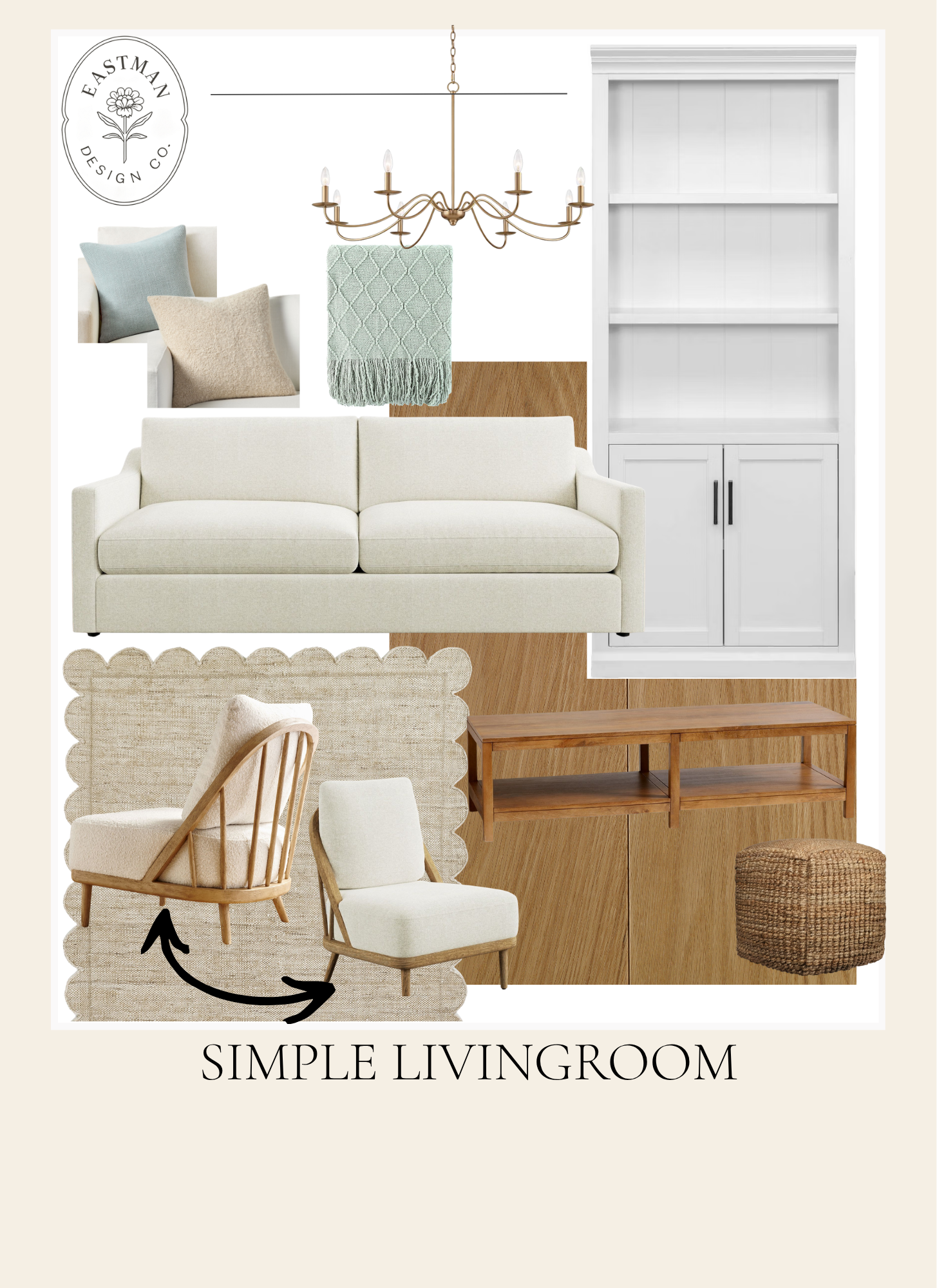 A collage of different furniture and decor items for a simple living room, including a white sofa with pillows, a wooden chair with a cushion, a patterned rug, a chandelier, a white bookshelf, and a wooden coffee table.