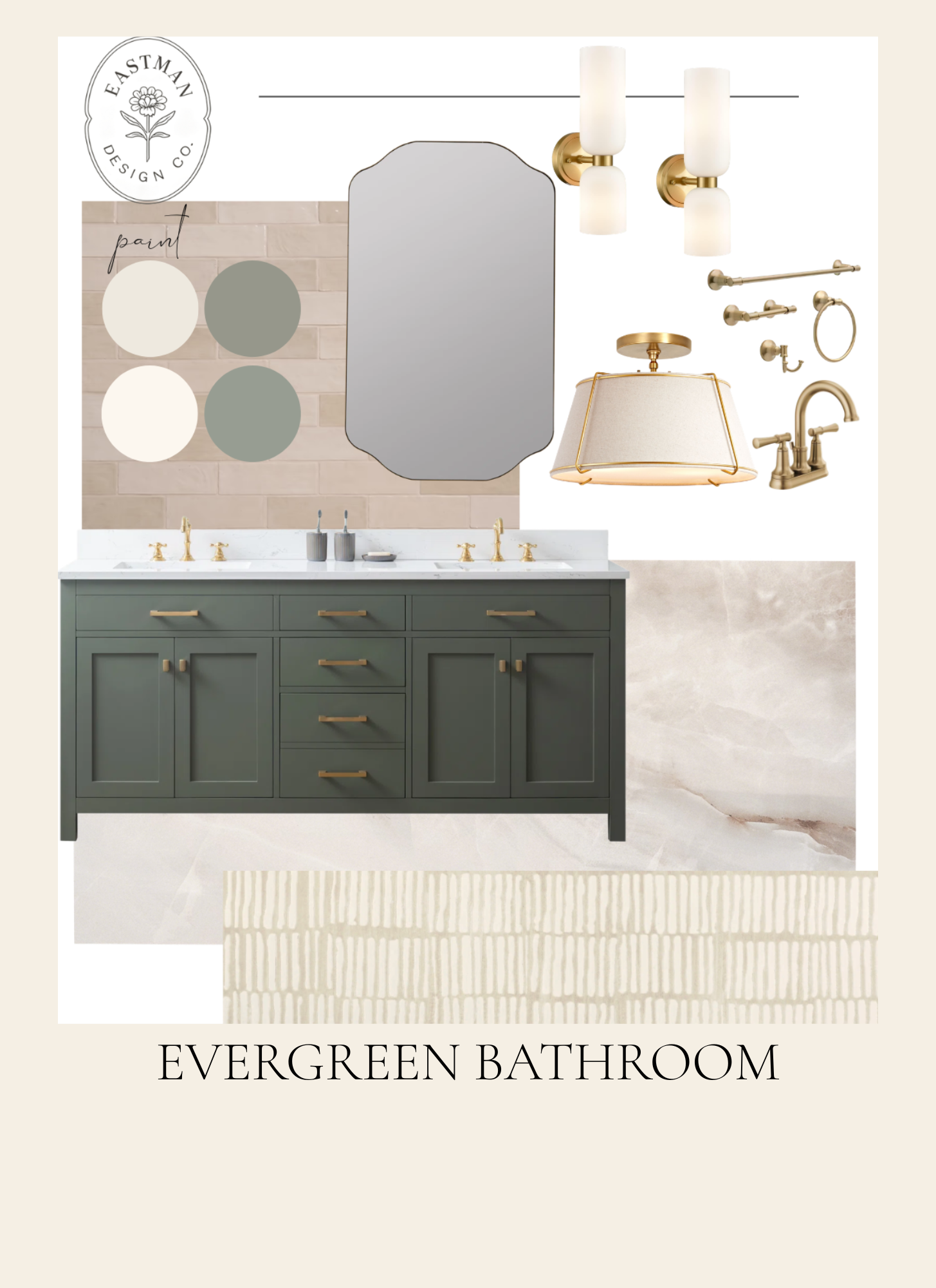 A digitally designed bathroom with a green cabinet vanity, a white countertop, gold fixtures, a large mirror, two sconce lights, a towel bar, and a decorative beige and cream rug, with the text "Evergreen Bathroom" and the Eastman Design Co. logo.