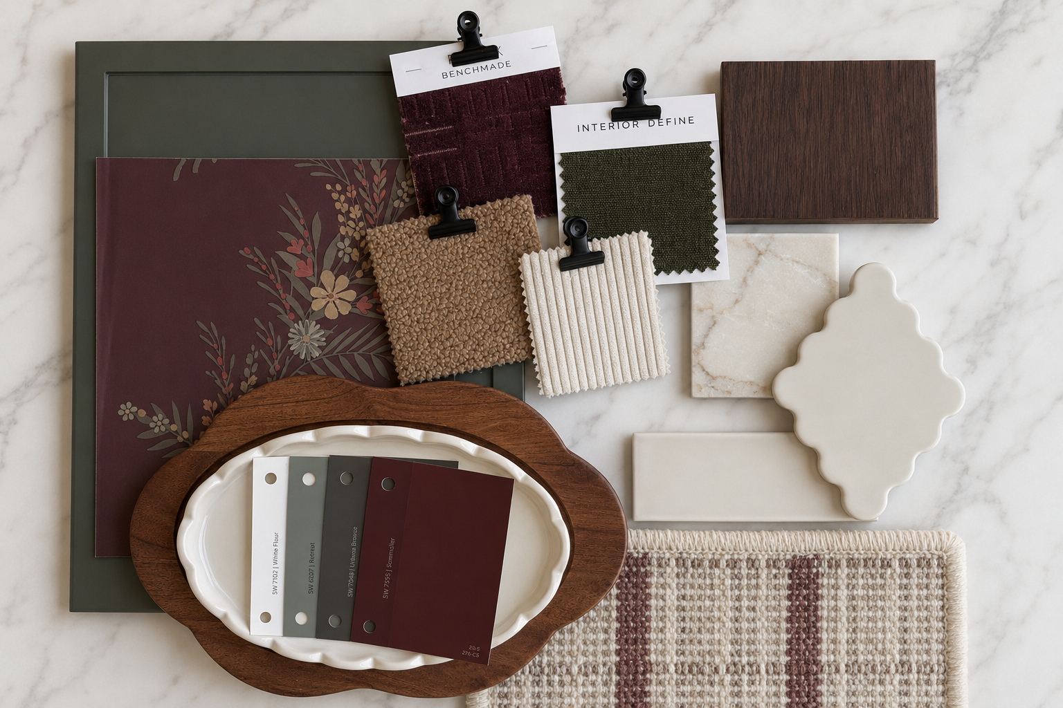 A variety of interior design and renovation materials including paint swatches, fabric samples, tiles, and a rug, arranged on a white marble surface for decorating purposes.