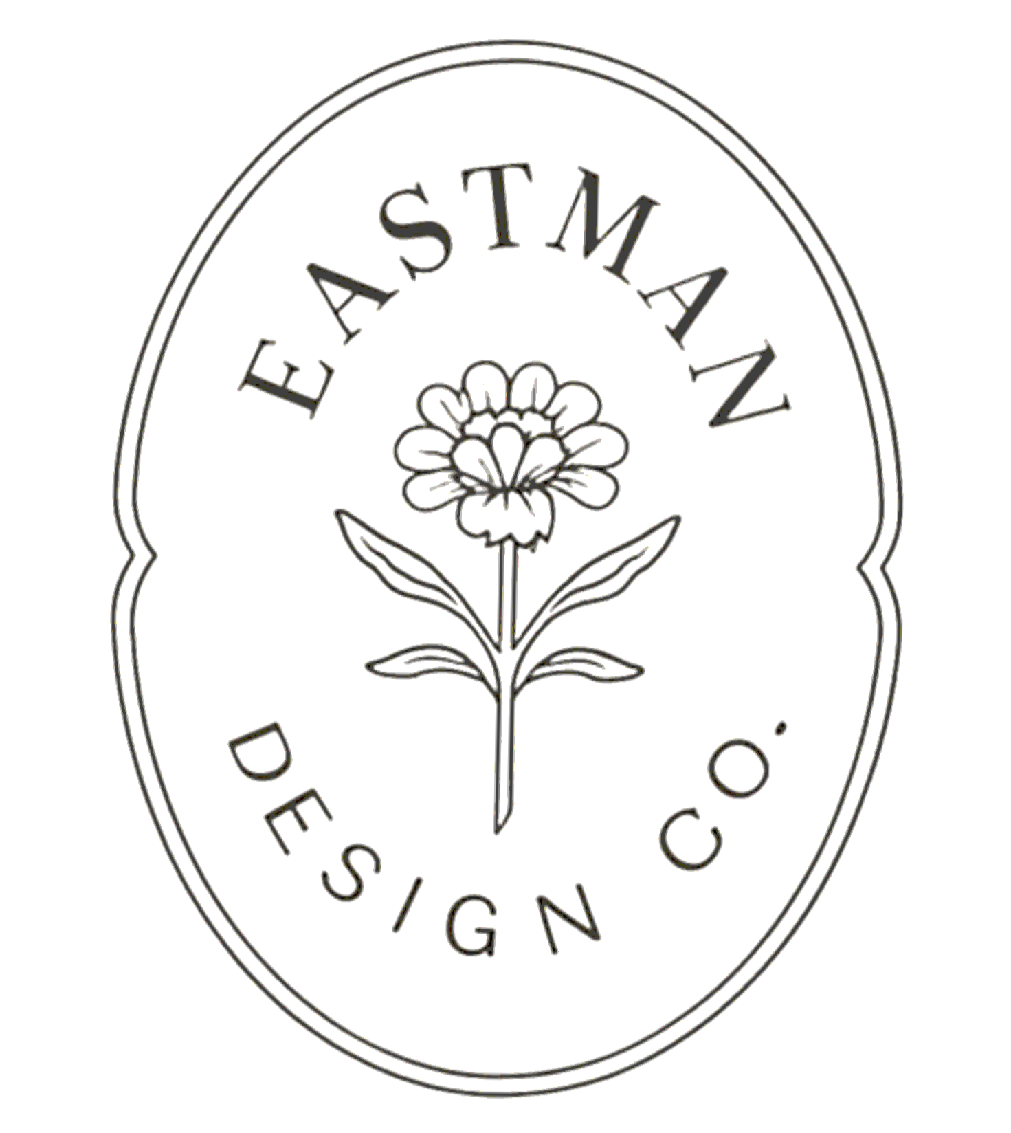 Black and white logo with the words "EASTMAN DESIGN" encircling a drawing of a flower with leaves.