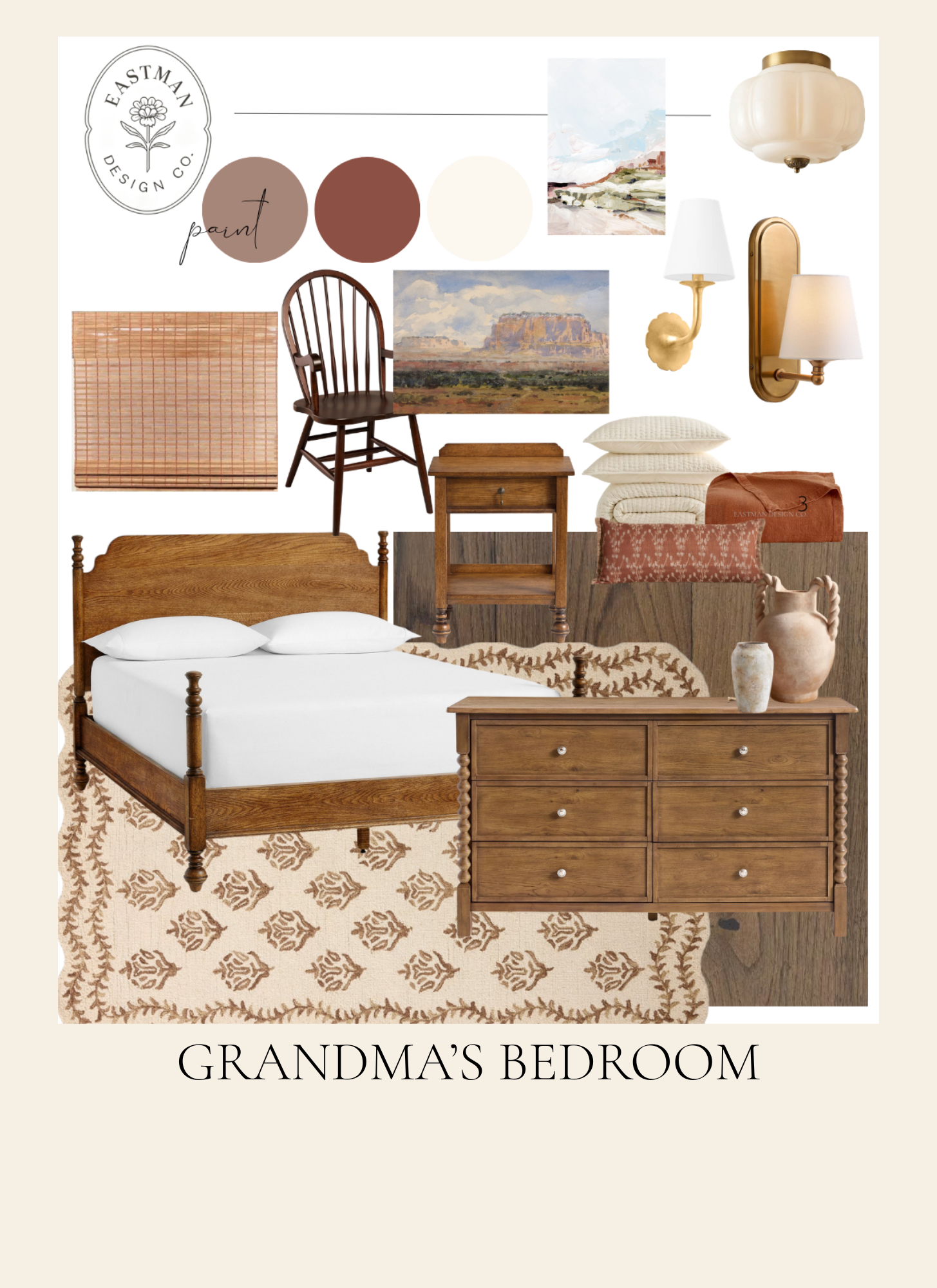 A bedroom collage featuring a wooden bed frame with white bedding, a wooden dresser with vases and pillows, a wooden chair, paintings of desert landscapes, a floral wallpaper, two wall lamps, a ceiling light, and a beige rug with a dark pattern. The collage is labeled 'Grandma's Bedroom'