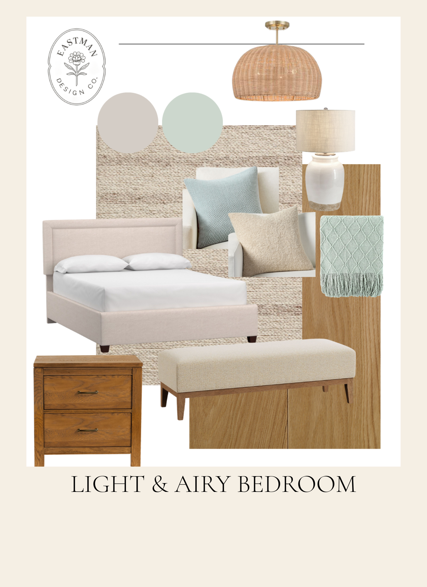 Image of a bedroom design mood board featuring light-colored furniture and decor, including a bed, a nightstand, a bench, a lamp, a woven pendant light, pastel pillows, a textured rug, and a towel hanging on a wooden panel, with text indicating a "Light & Airy Bedroom" theme.