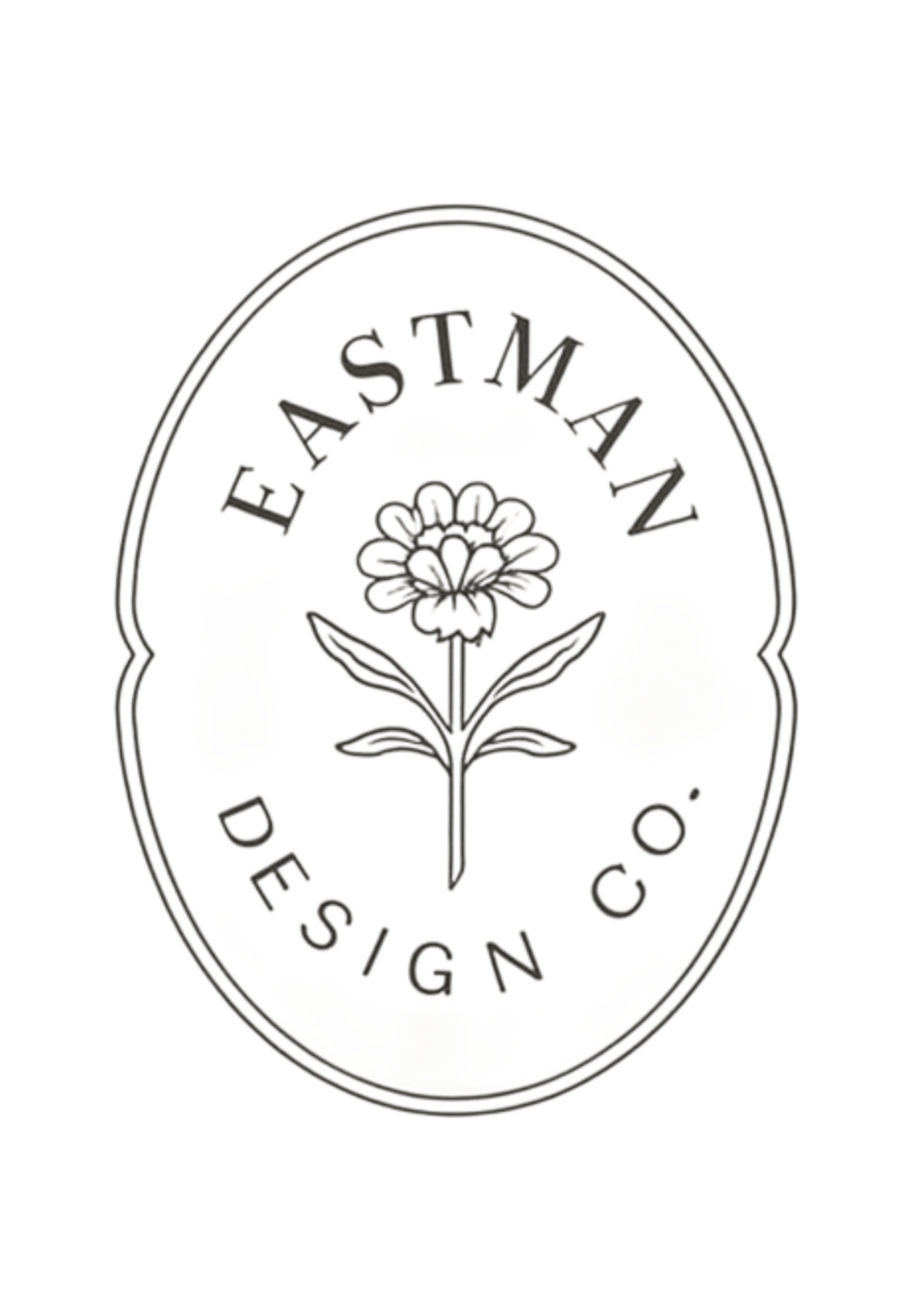 A black and white logo with an oval border, featuring a flower in the center and the text 'EASTMAN DESIGN CO.' around it.