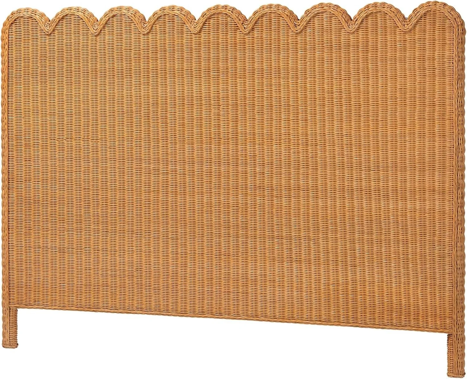 A woven rattan or wicker headboard with a scalloped top edge.