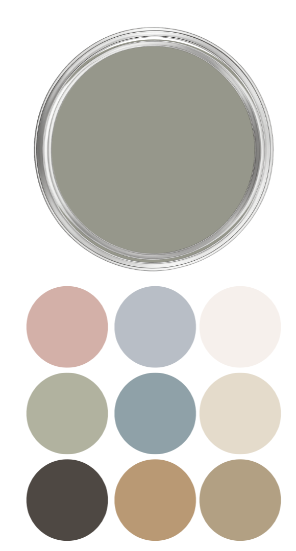 A color palette with a circular top swatch in gray, followed by nine smaller circular swatches arranged in three rows showing various neutral and earthy tones, including pinkish, blue, white, greenish, grayish-blue, beige, dark gray, brown, and tan.