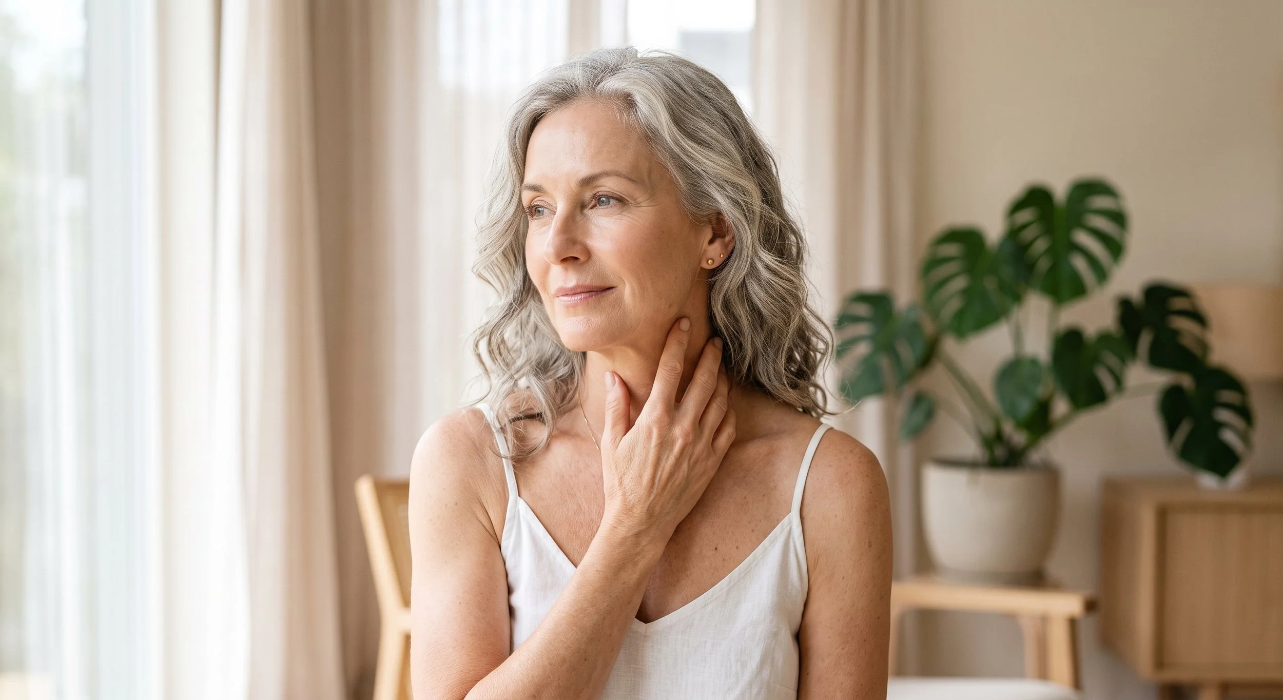 A mature woman with natural silver hair and healthy glowing skin, elegant and relaxed in soft natural light.