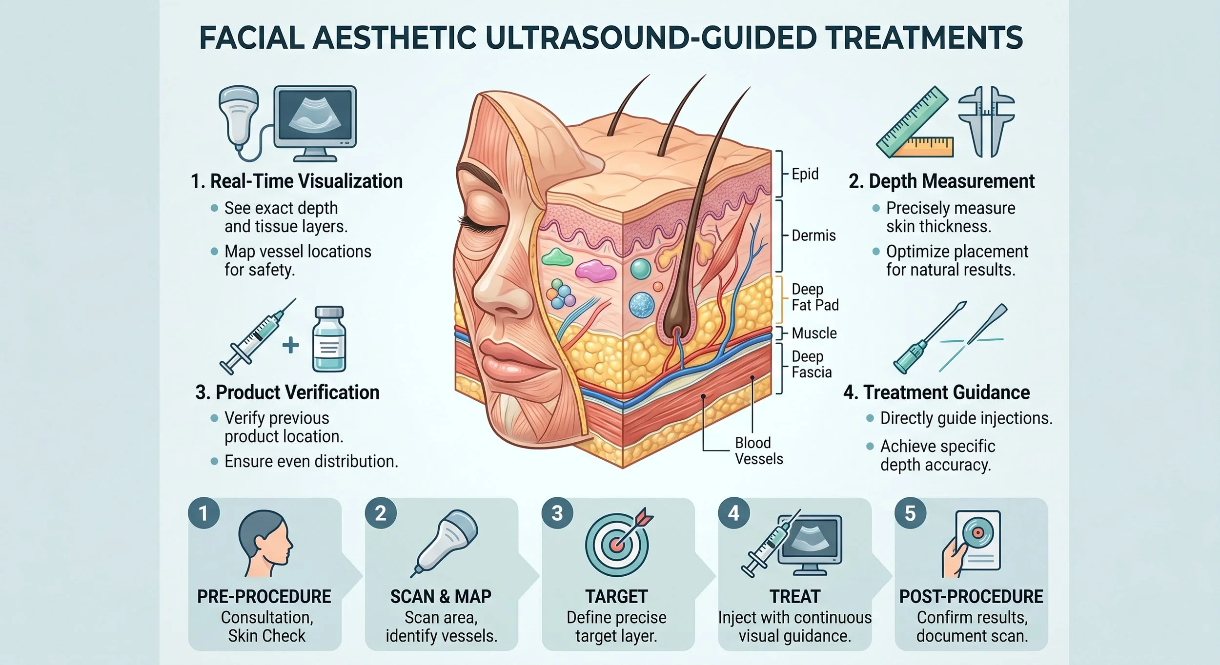 Aesthetic ultrasound used to map facial blood vessels and tissue planes before an injection.