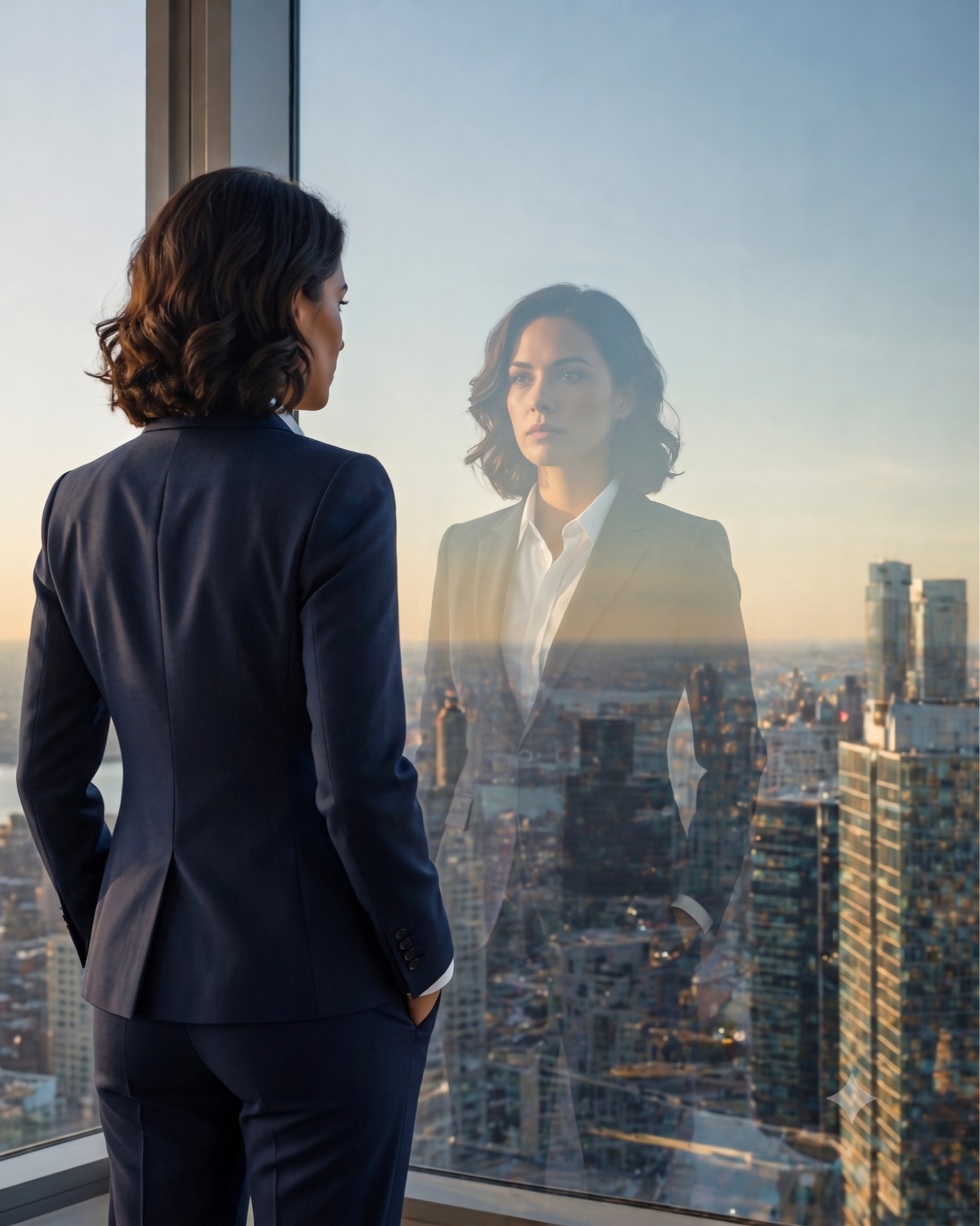 An executive woman leader in a navy suit stands with her back to the camera, looking out over a city skyline, her reflection visible in the glass.