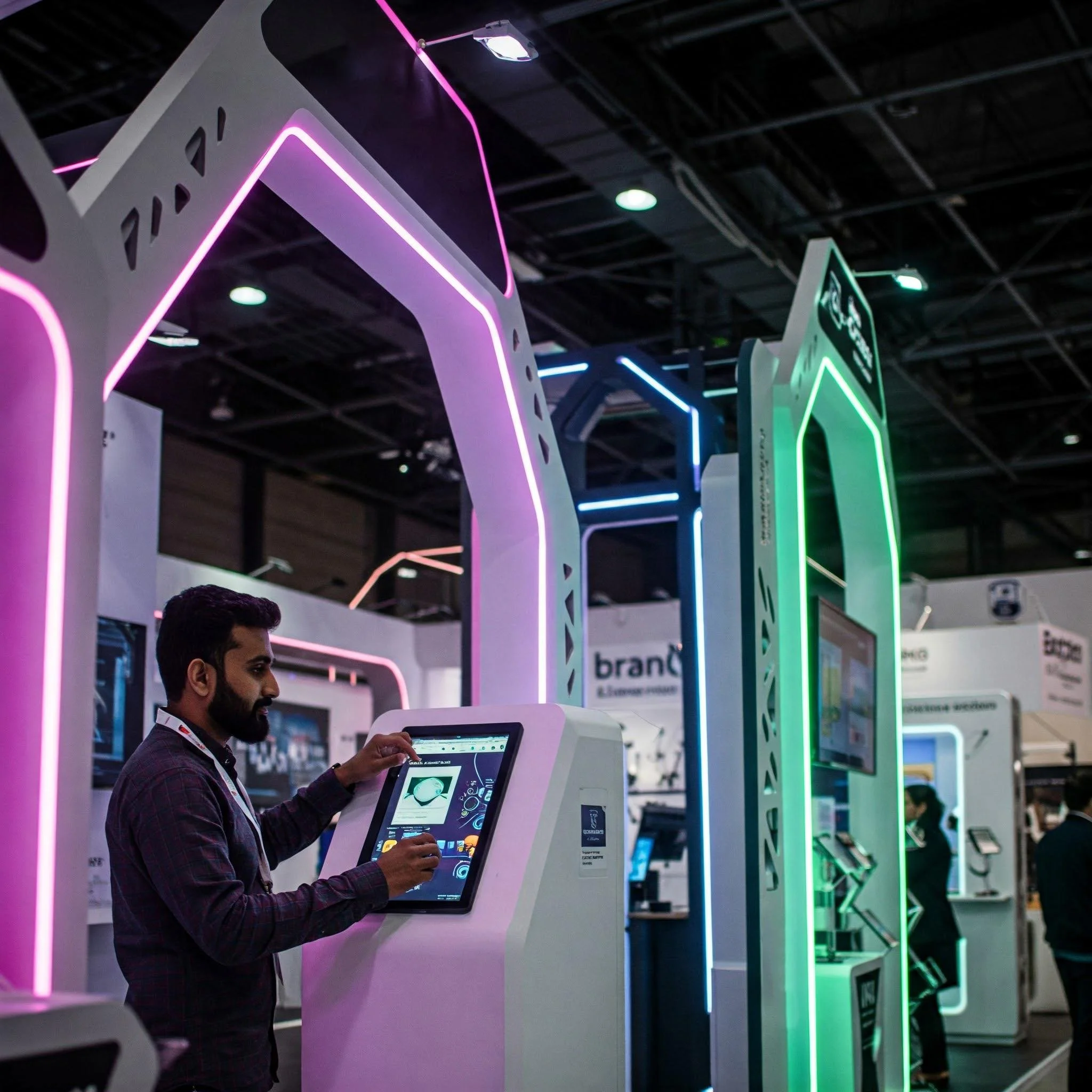 A man in a checkered shirt and glasses interacts with a touchscreen display at an exhibition, surrounded by neon-colored geometric structures with lighting in a dark indoor space.