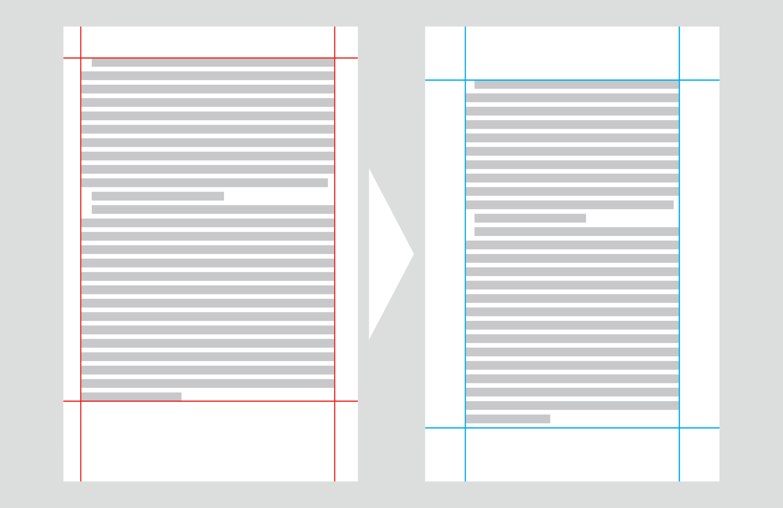 Two pages of a document side by side, one with red margin guides and the other with blue margin guides, showing the layout and formatting of text and paragraphs.