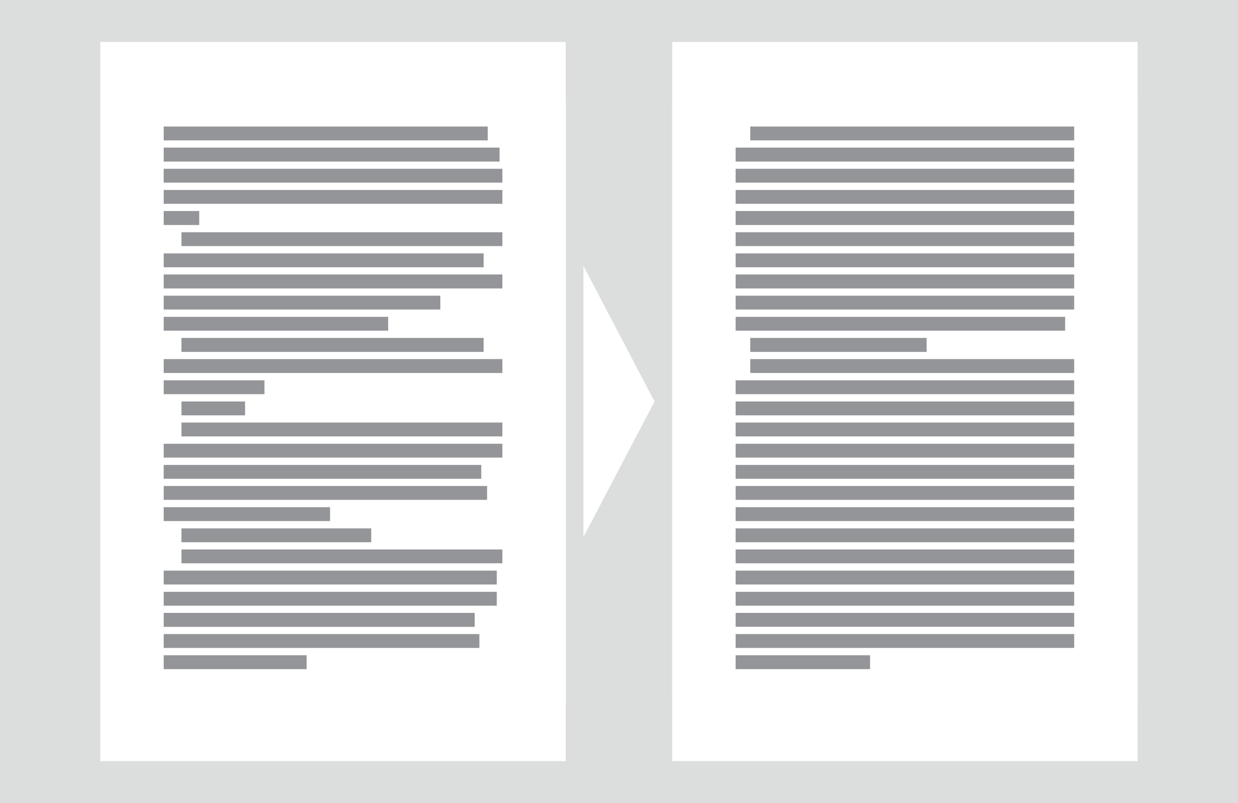 Two pages of text with redacted or blurred content, aligned side by side, separated by a gray arrow.