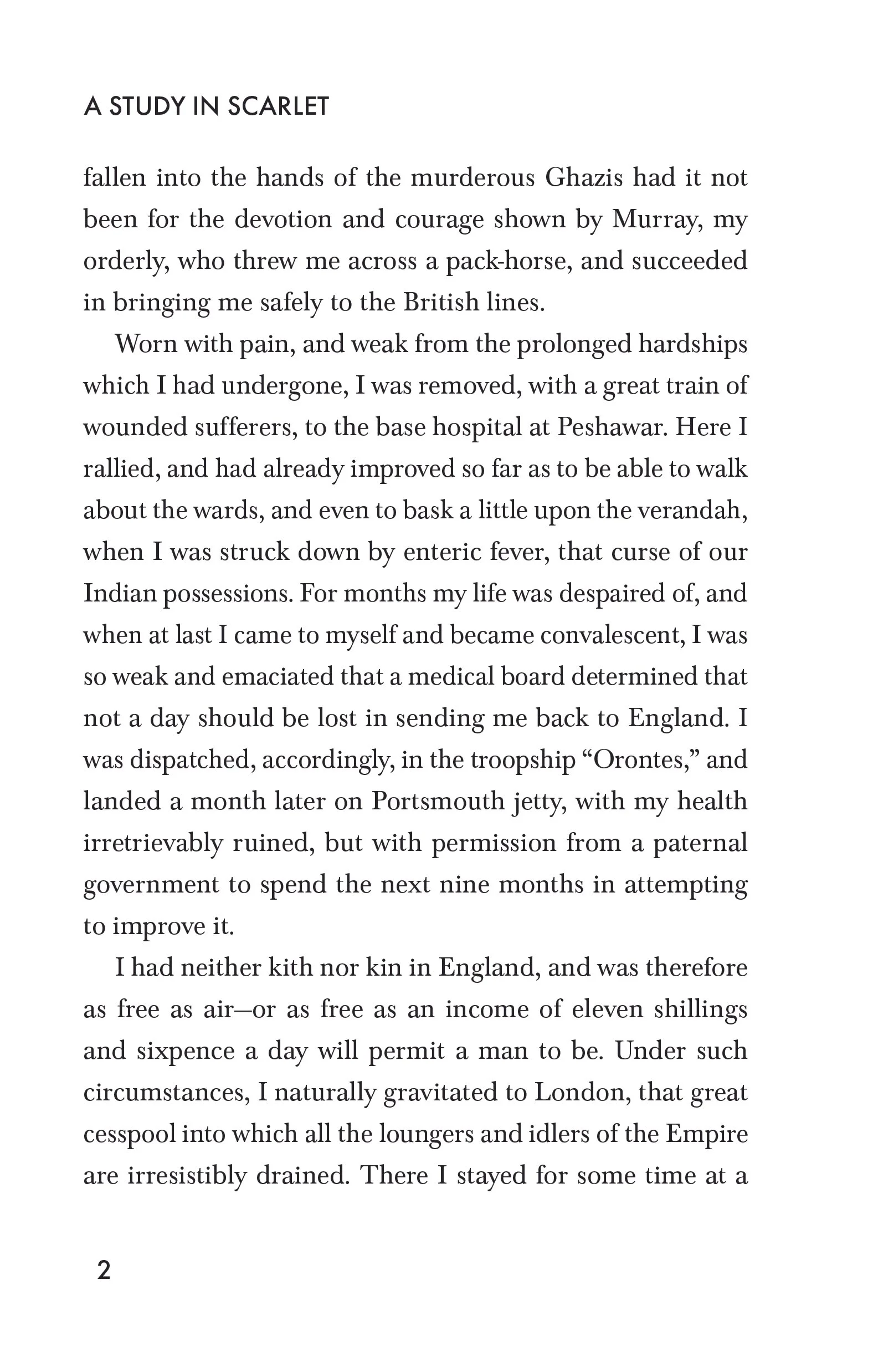 Page from a book titled "A Study in Scarlet" with text about a character's experiences and travels.