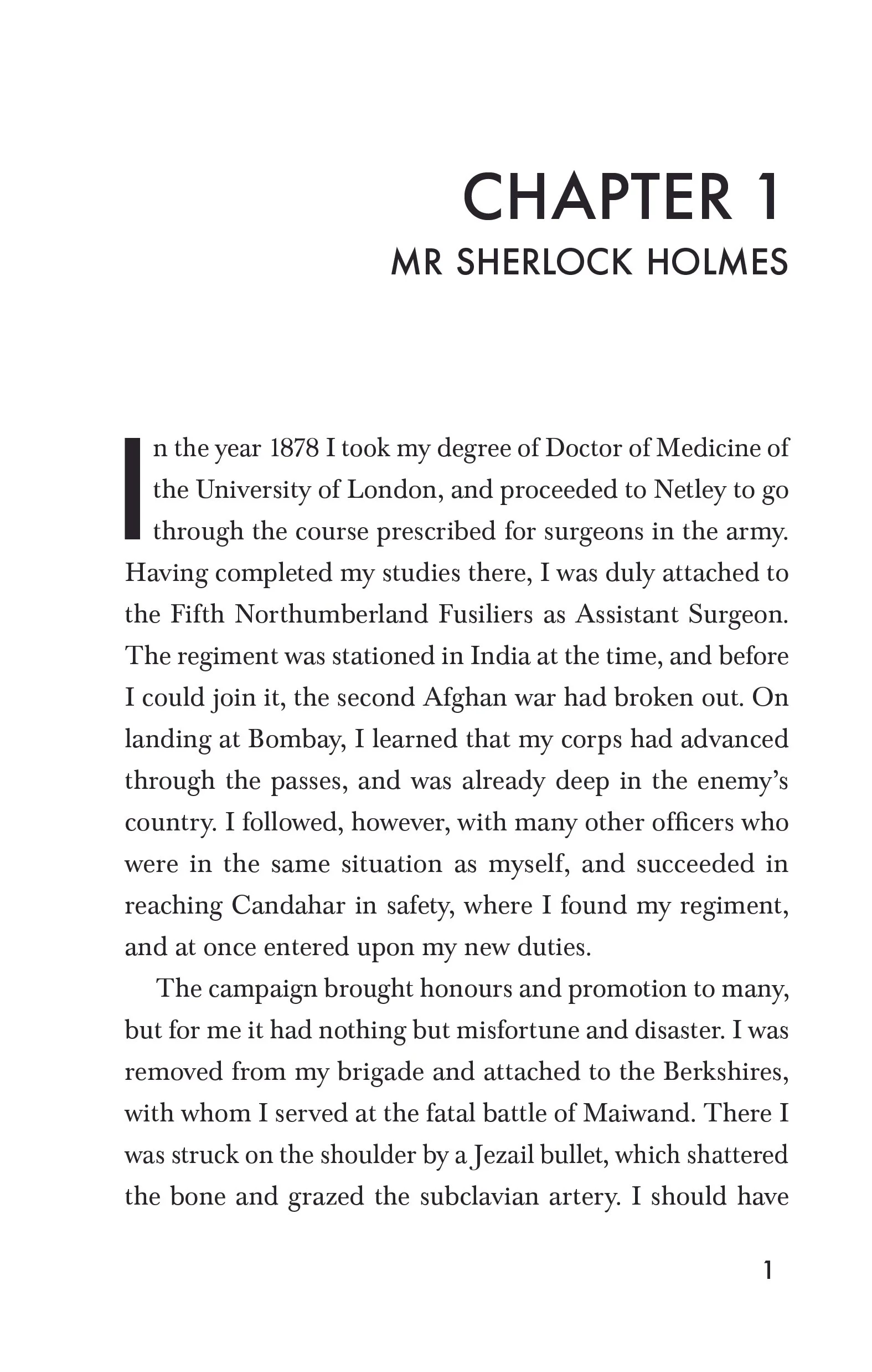 Title page of a book with the heading 'CHAPTER 1' and subtitle 'MR SHERLOCK HOLMES'