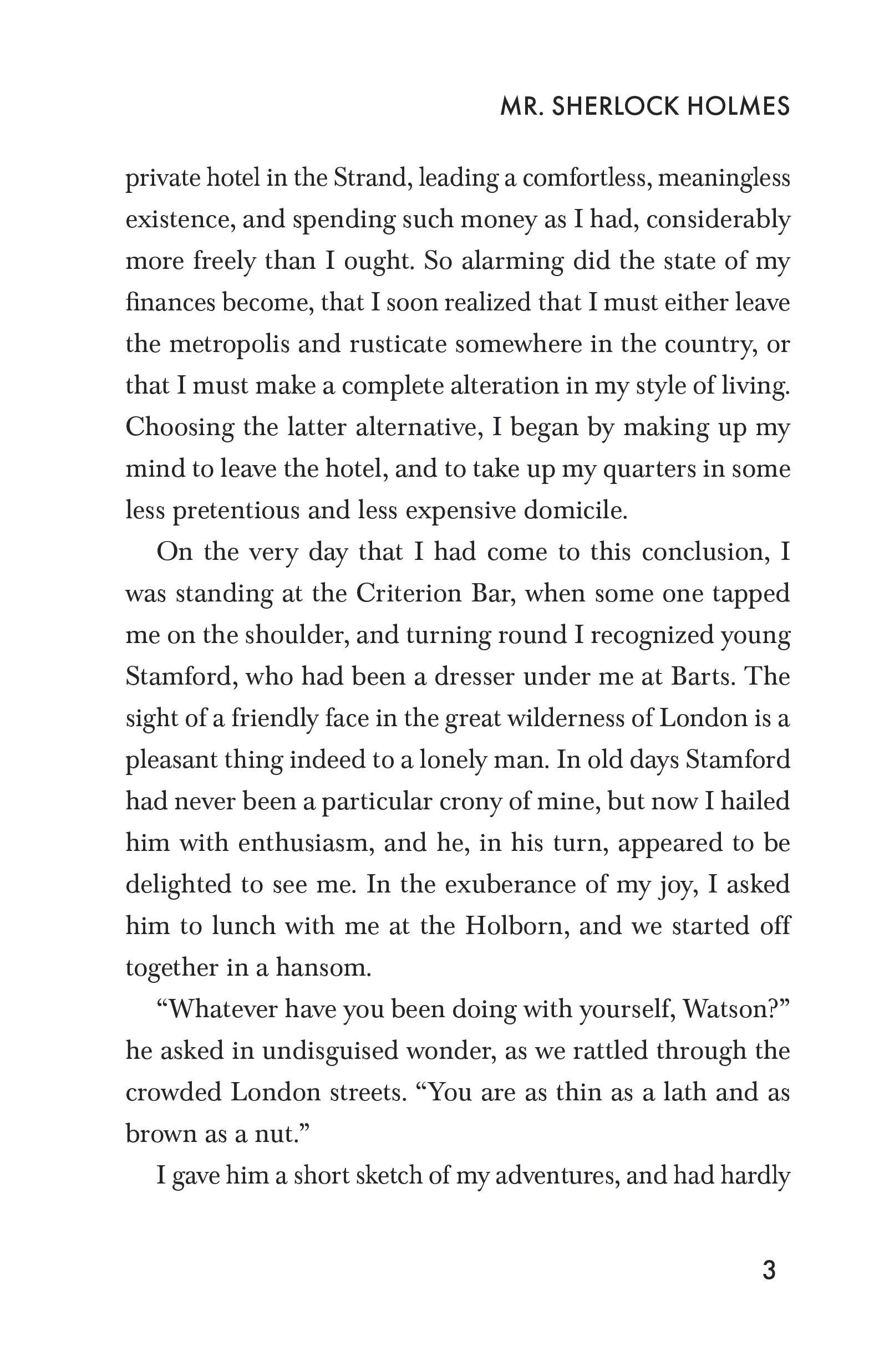 Page from a book titled 'MR. SHERLOCK HOLMES' with text discussing travel, London, and an encounter with a friend named Stamford.