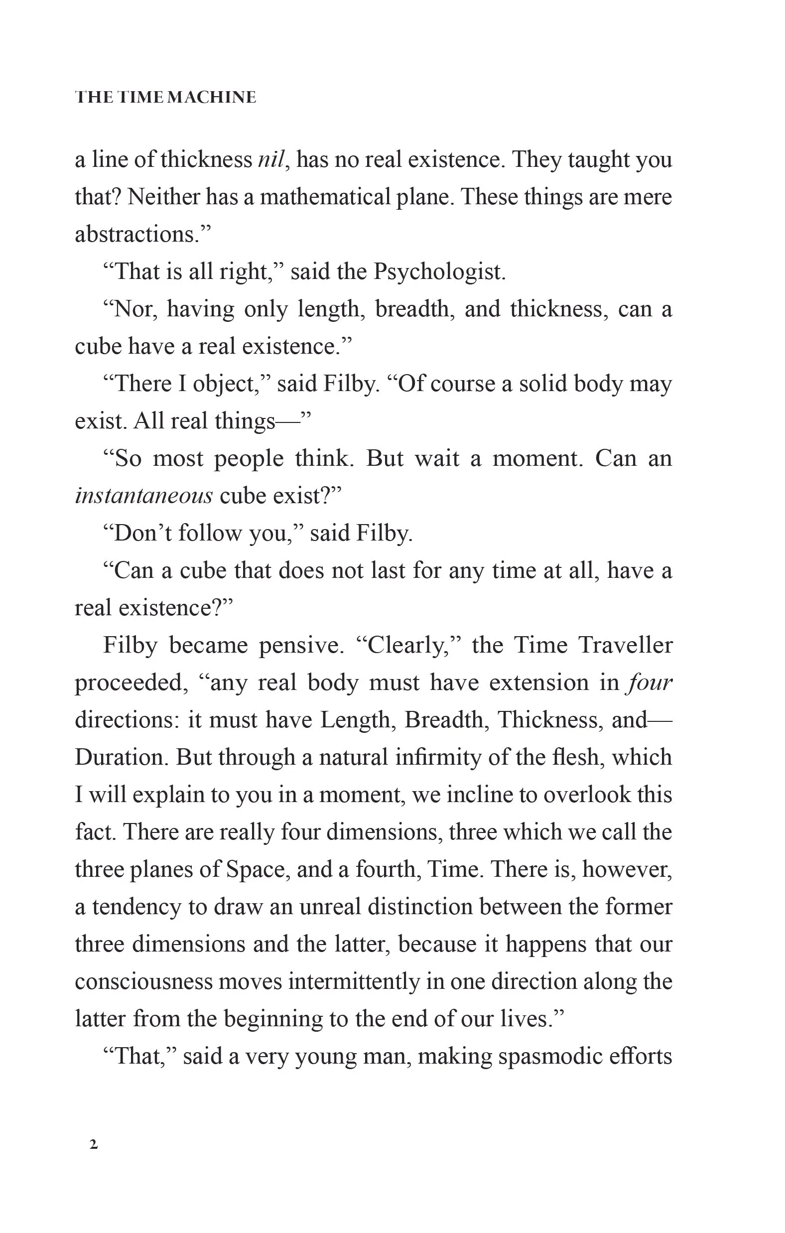 A page from a book titled 'The Time Machine' showing dialogue discussing the concept of a cube with real existence and the dimensions of space and time, featuring characters such as a psychologist and the Time Traveller.