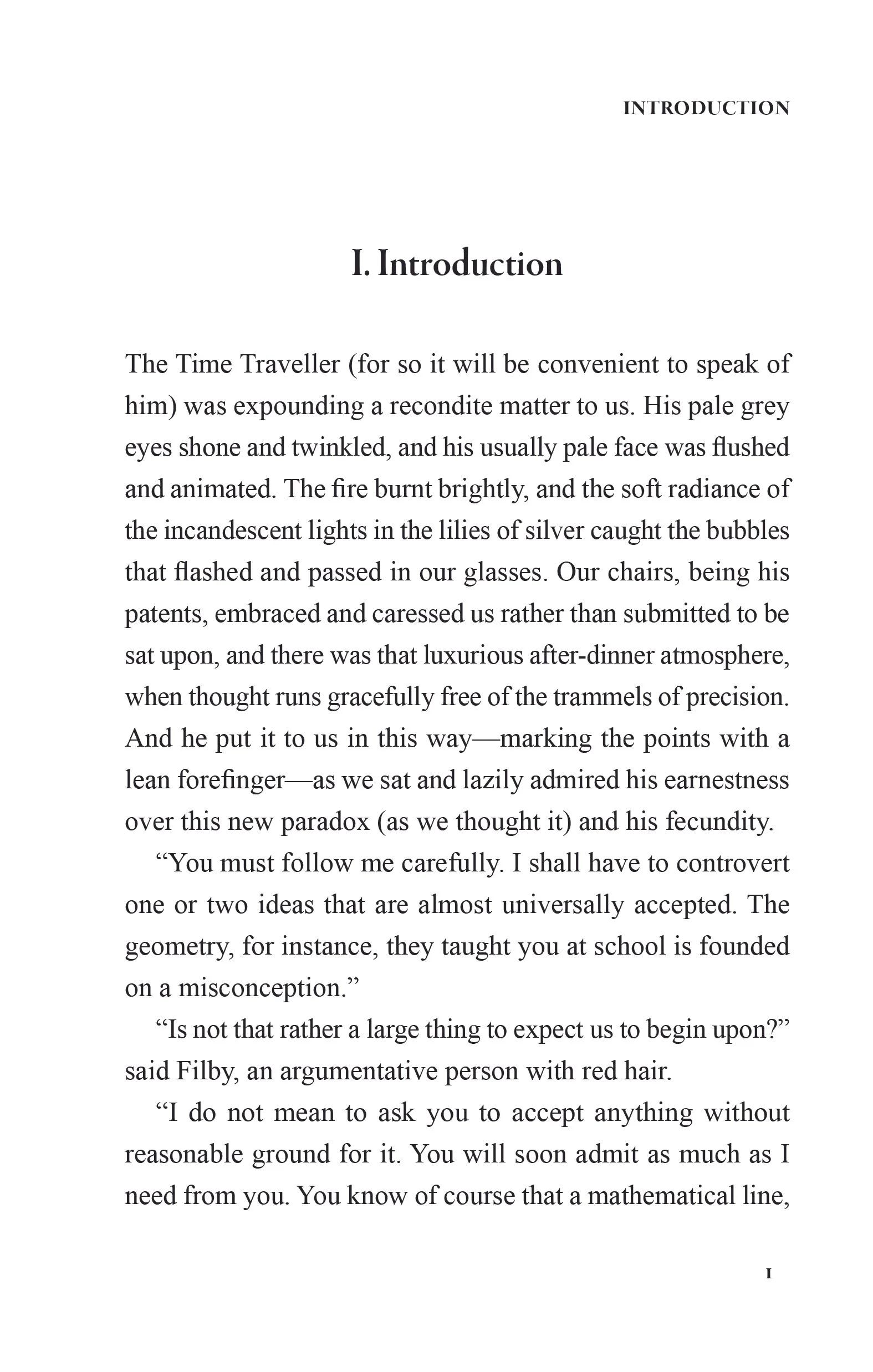 Page from a book titled 'Introduction' with the heading 'I. Introduction', containing a narrative about a time traveler and a dialogue between two characters, one of whom is named Filby with red hair.