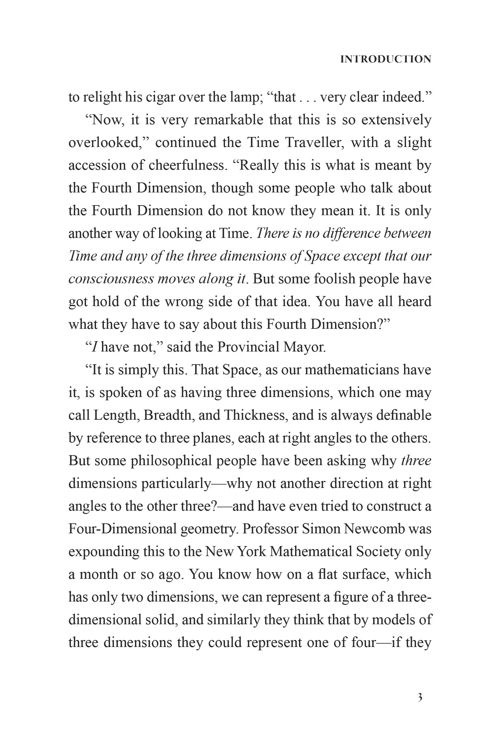 Page from a book discussing the Fourth Dimension, explaining it as having three dimensions: length, breadth, and thickness, similar to geometric planes, and addressing philosophical questions about additional dimensions.
