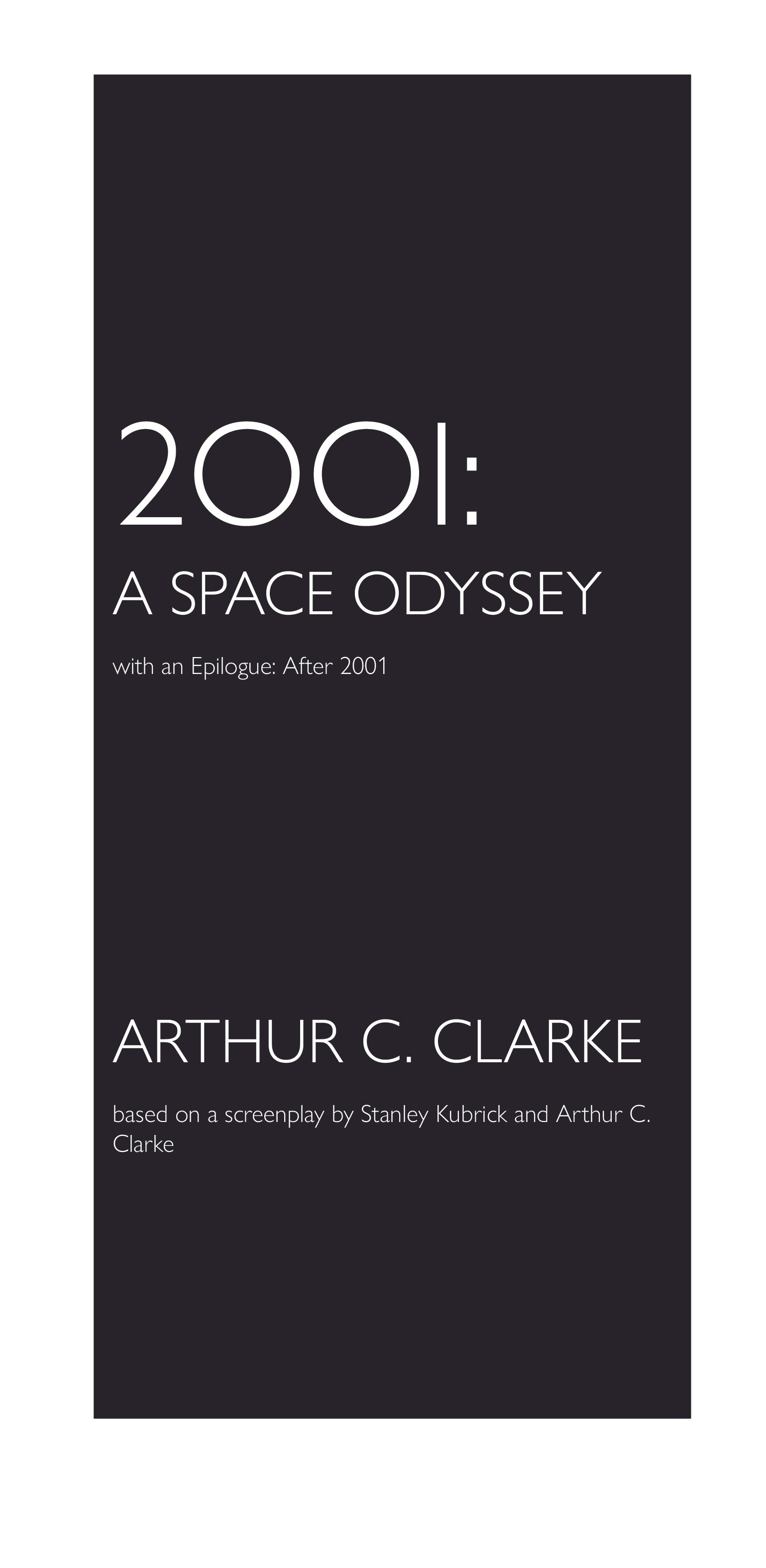 Book cover titled '2001: A Space Odyssey' by Arthur C. Clarke, with a dark background and white text.
