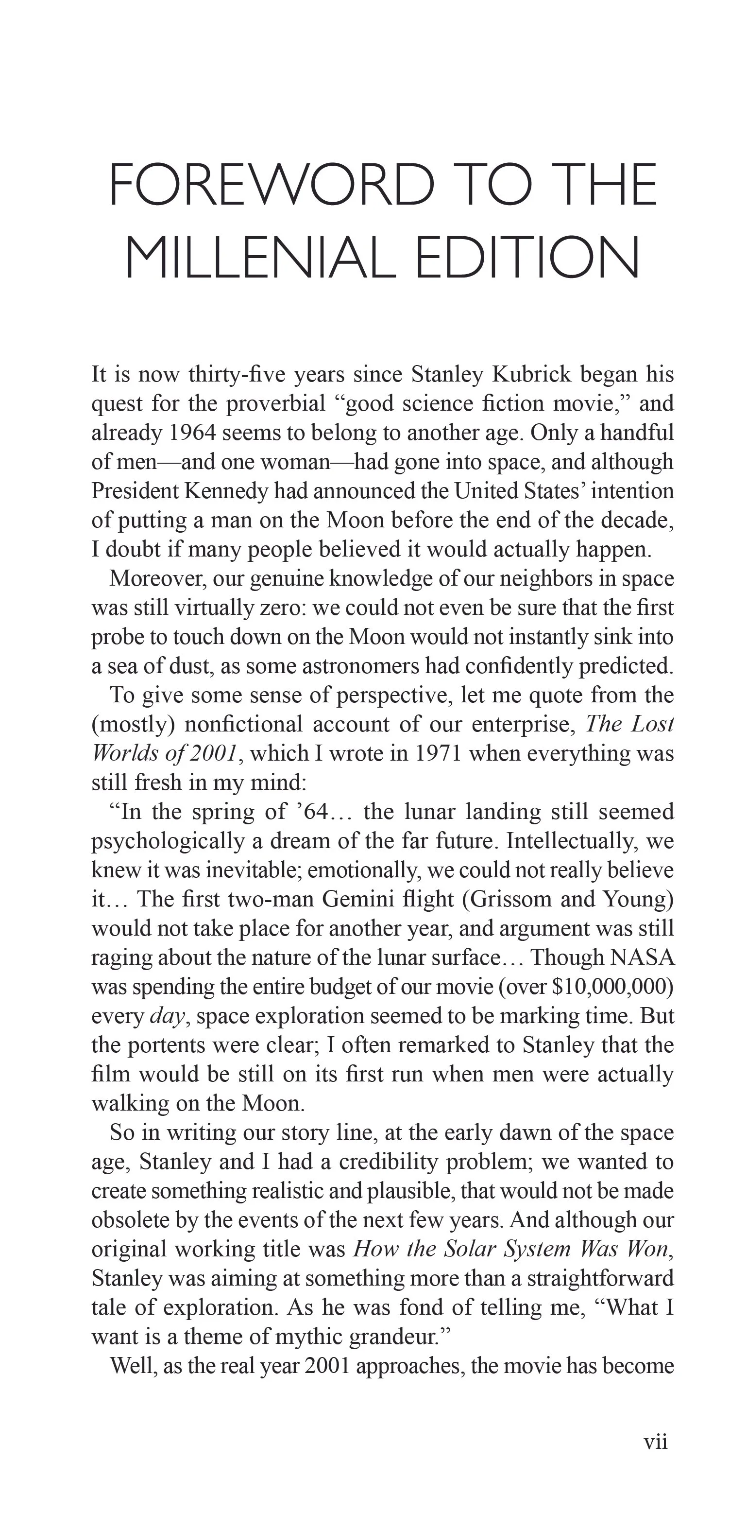 Page from a book or article titled "Foreword to the Millenial Edition" discussing the history and future of space exploration, mentioning Stanley Kubrick, the Moon landing, and NASA.