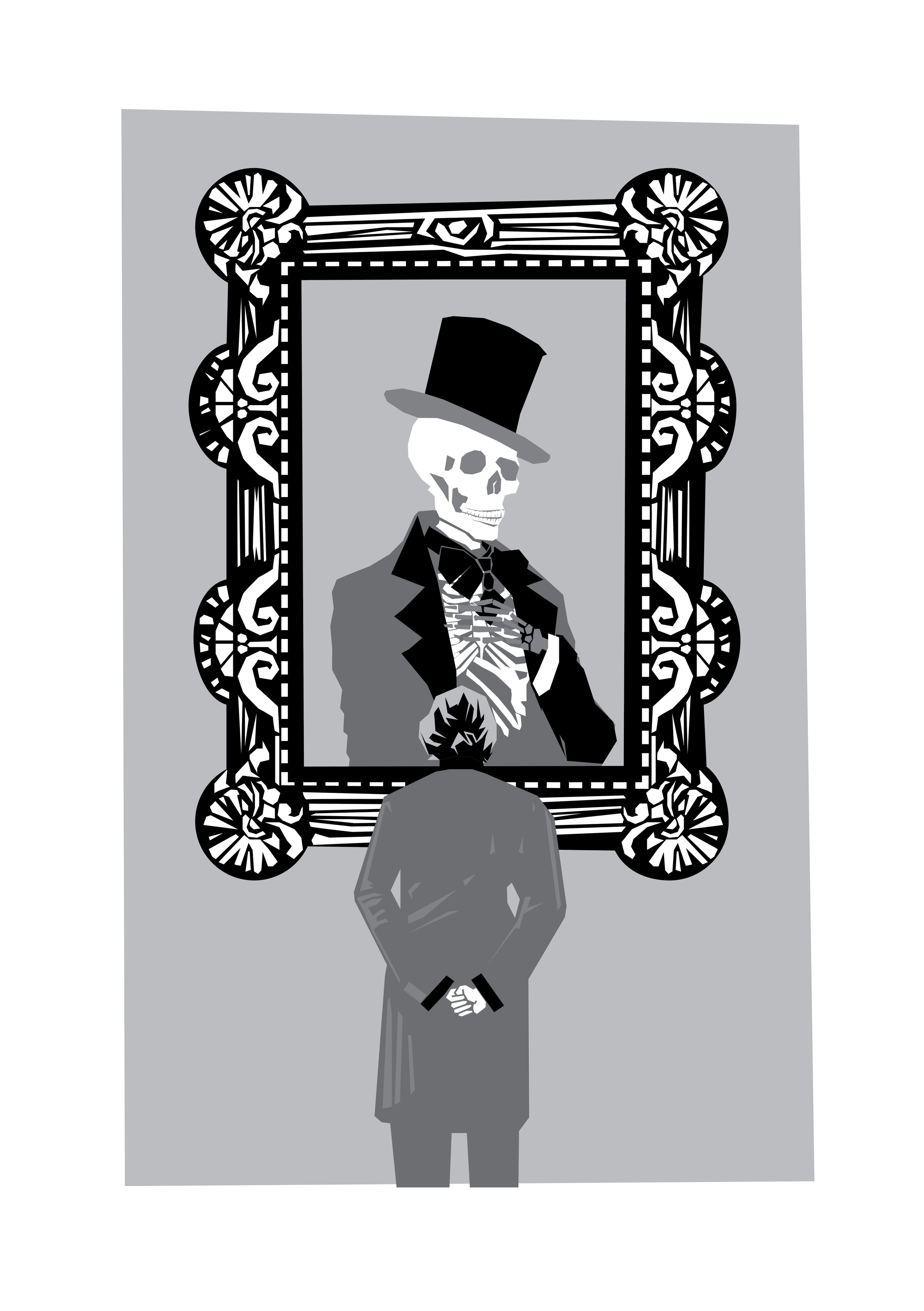 A person in formal attire stands in front of a large, ornate portrait of a skeleton wearing a top hat and tuxedo, in grayscale.