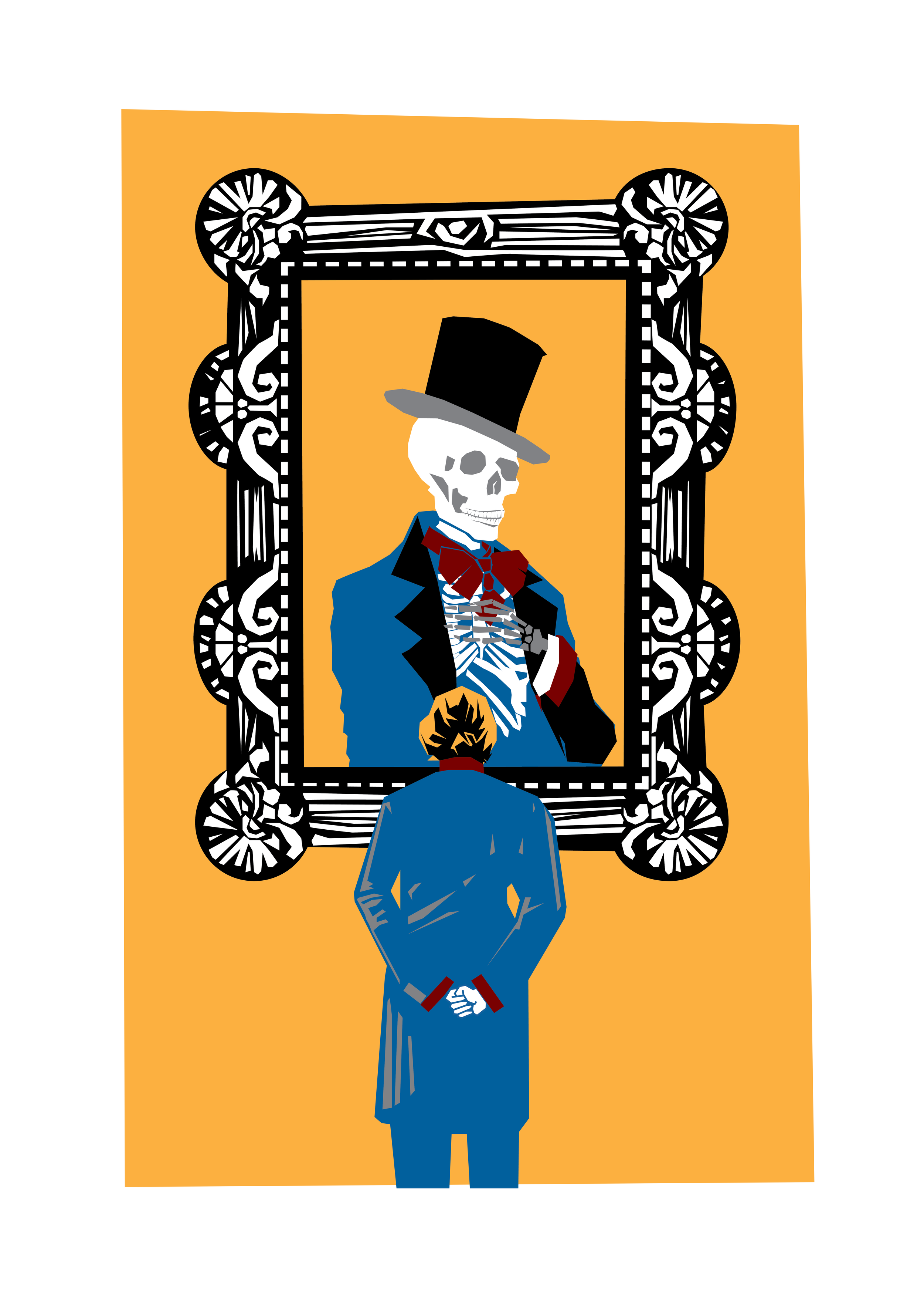 A person in a blue suit with hands clasped behind their back looking at a large portrait of a skeleton in a suit, top hat, and bow tie within an ornate black frame on an orange background.