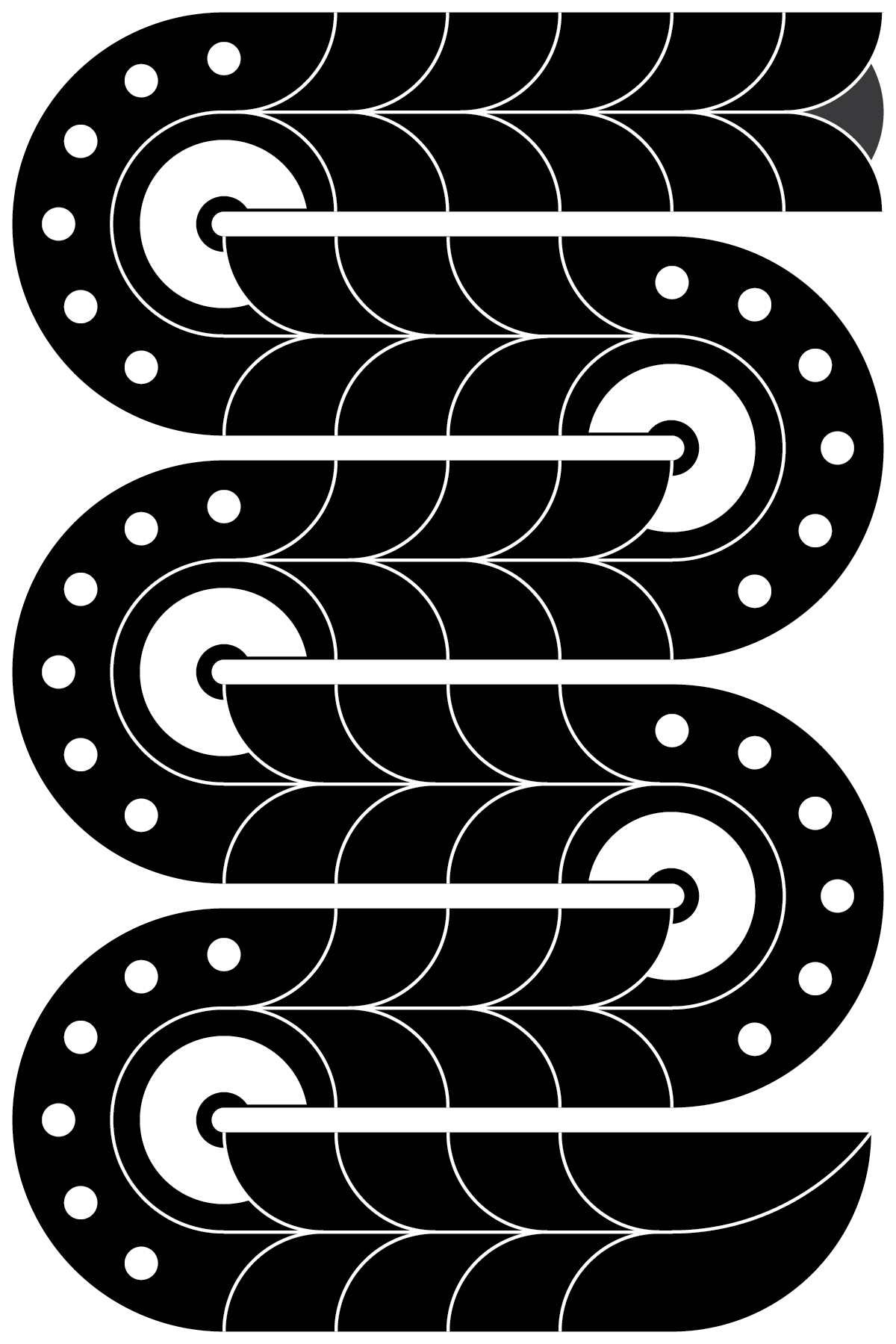 Black and white abstract pattern with swirling shapes, dots, and curved lines.