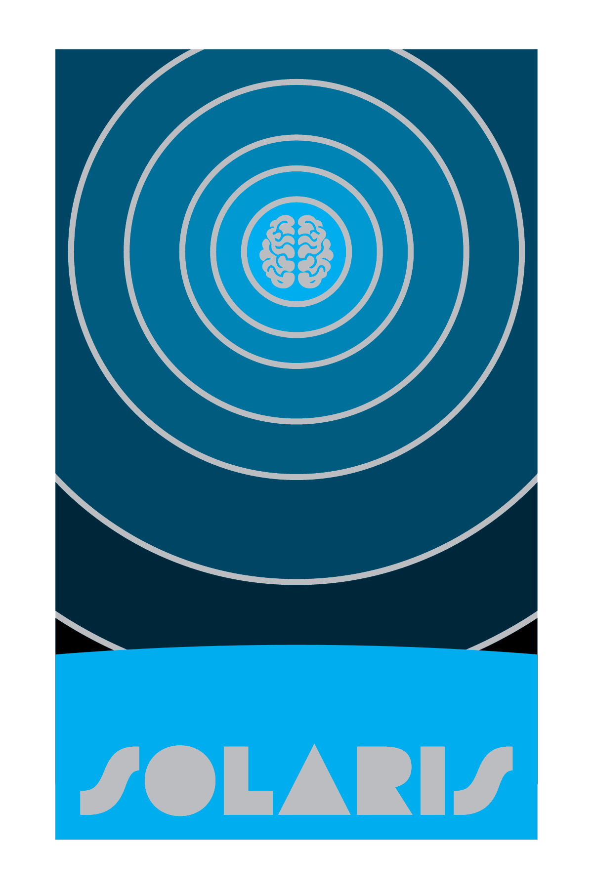 A logo with a stylized brain at the top center, surrounded by concentric circles, and the word 'SOLARIS' written in large gray letters on a blue background at the bottom.