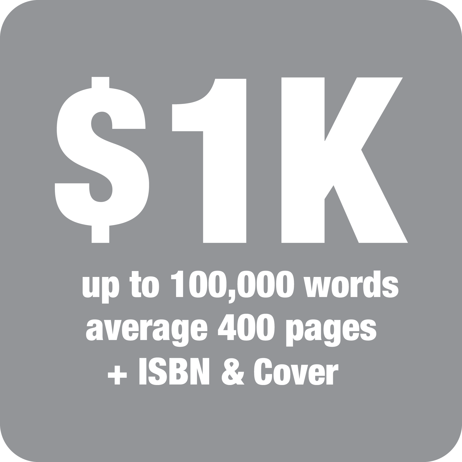 Gray background with white text advertising a service for typesetting a document up to 100,000 words, 400 pages, with ISBN and cover included.