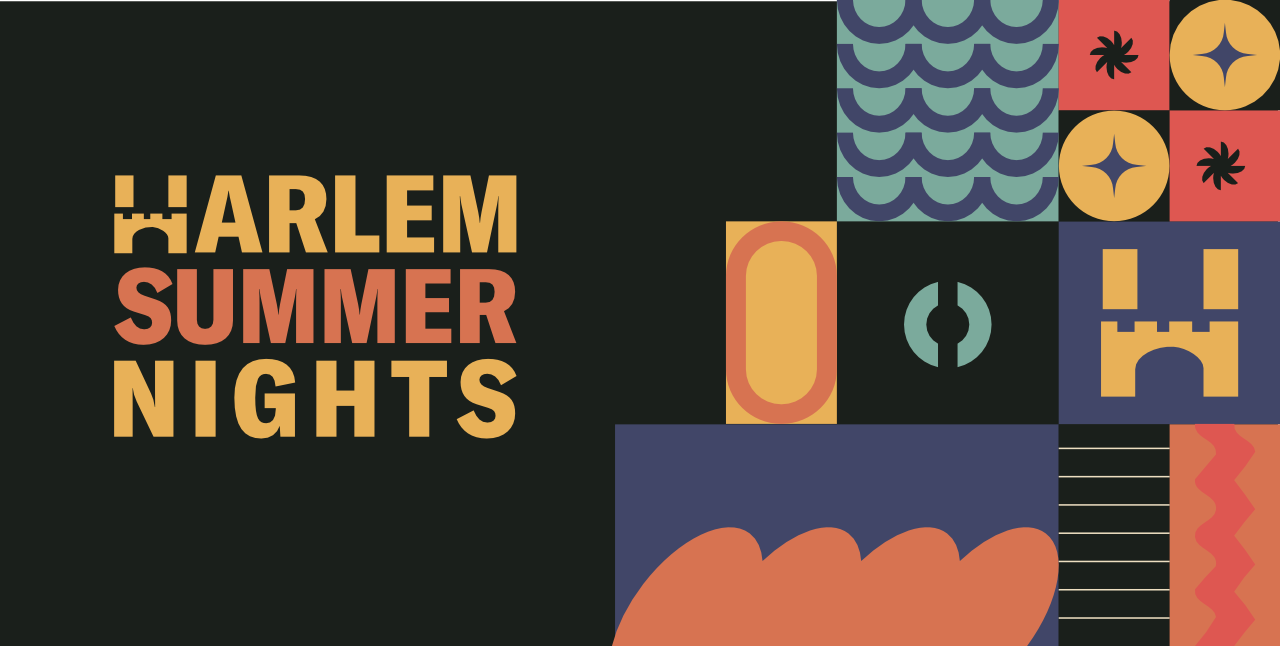 Colorful graphic design with the text 'Harlem Summer Nights' and various geometric patterns and shapes.
