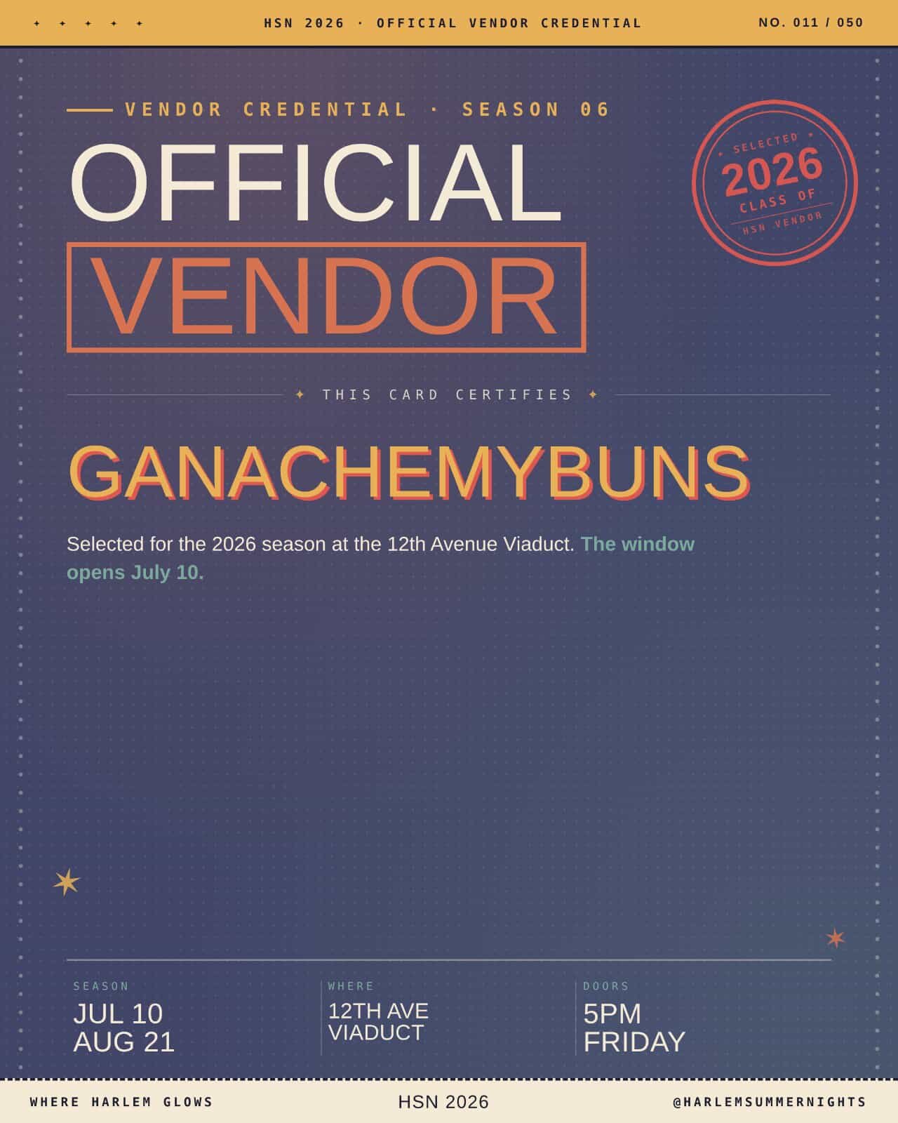 A digital poster announcing the 2026 season of Ganacheybuns as an official vendor at the 12th Avenue Viaduct, opening on July 10. The poster includes details about the event such as season dates (July 10 to August 21), location (12th Ave Viaduct), and time (5 PM on Friday).
