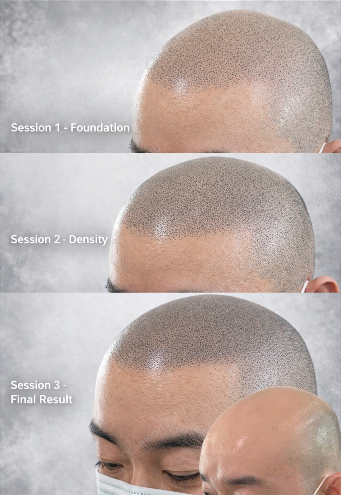 Scalp micropigmentation progression across 3 sessions showing foundation, density, and final shaved head result.